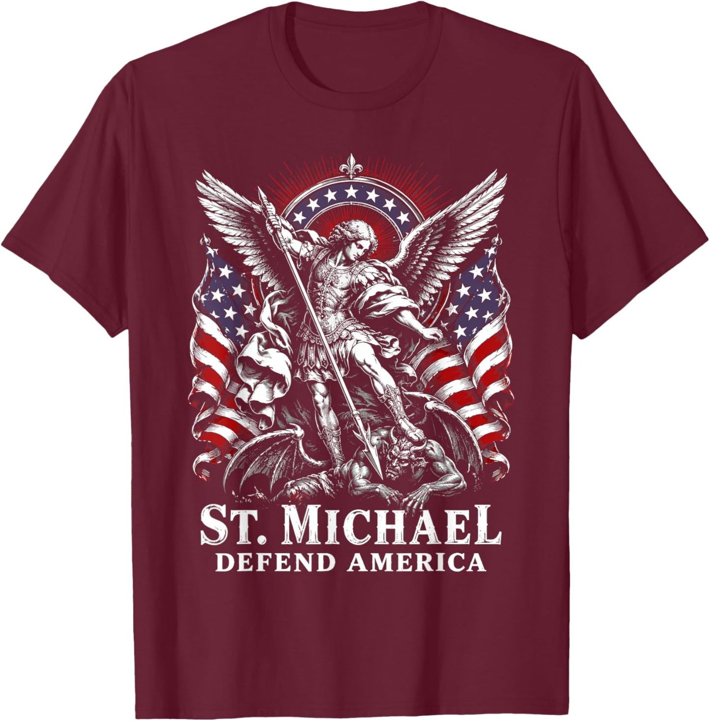 Vintage St. Michael Defend America Archangel Patriot US Flag T-Shirt - T-Shirt | Maroon