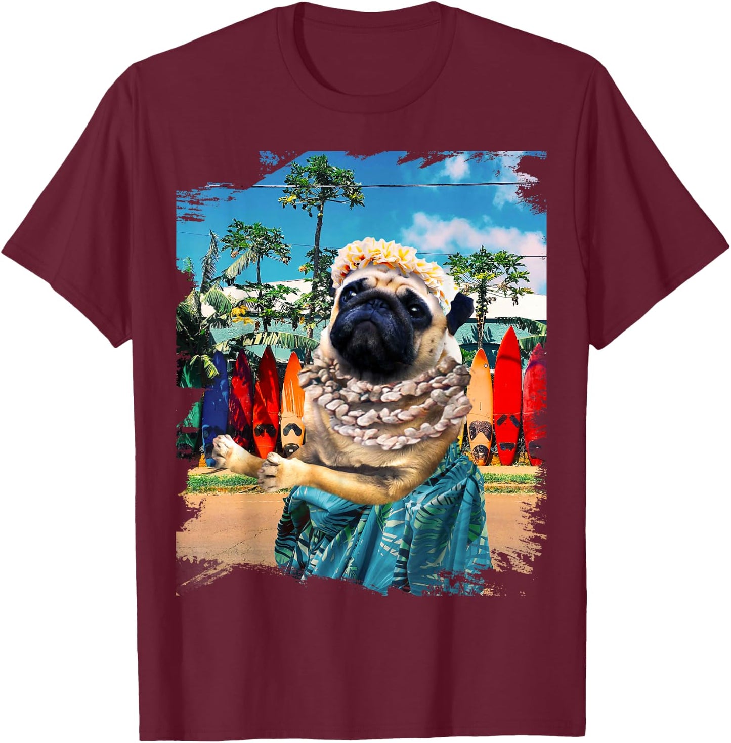 Cute Aloha Pug Hawaiian - , Small, Black, Short Sleeve, Cotton 100% T-Shirt - T-Shirt | Maroon