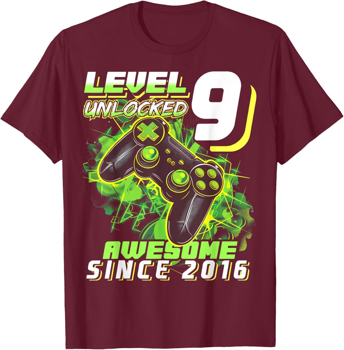 9th Birthday Boy Level 9 Gamer 9 Year Video Game Party T-Shirt - T-Shirt | Maroon