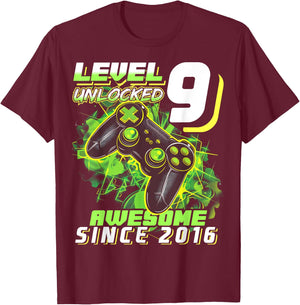 9th Birthday Boy Level 9 Gamer 9 Year Video Game Party T-Shirt - T-Shirt | Maroon