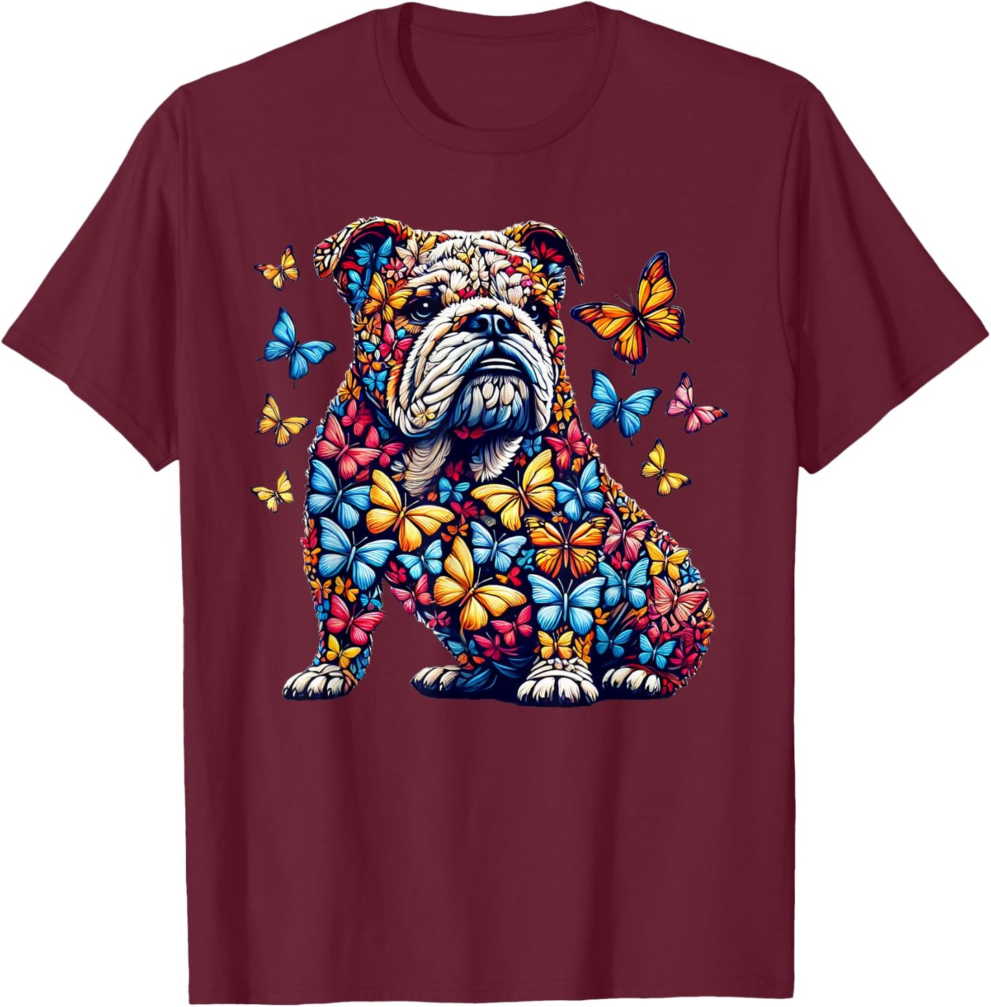 English Bulldog Dog Butterfly Art T-Shirt - T-Shirt | Maroon