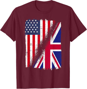 Half American Half British Flag USA Pride Dual Heritage T-Shirt - T-Shirt | Maroon