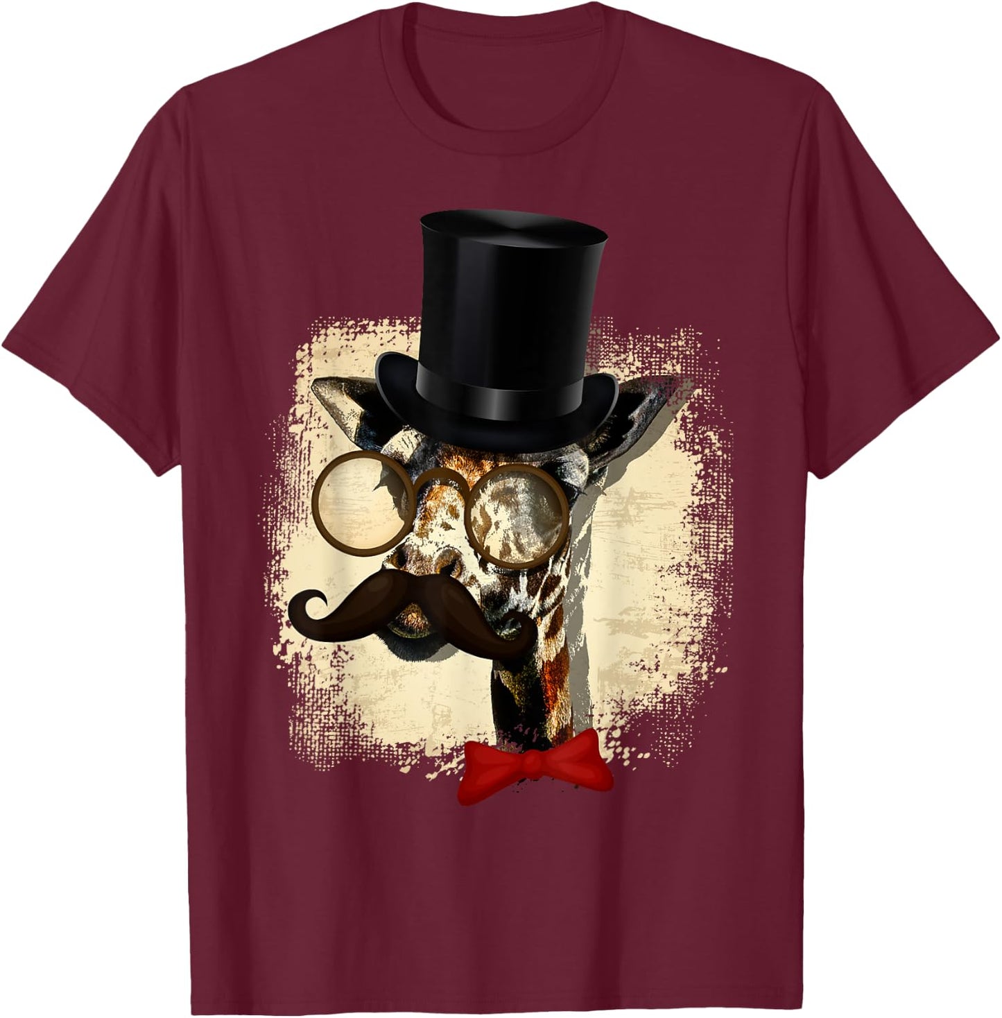 Vintage Giraffe Hat And Big Moustache Funny Gift T-Shirt - T-Shirt | Maroon