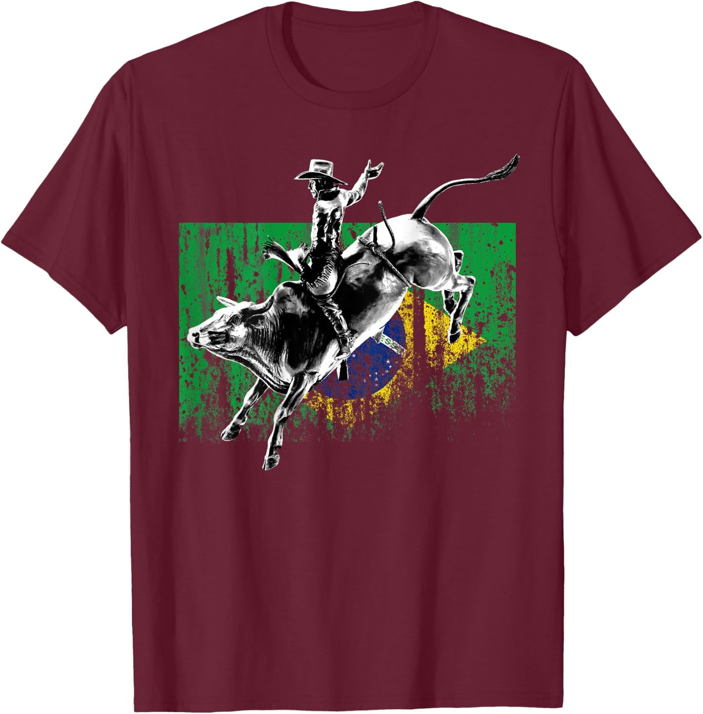 Rodeo Bull Rider Patriotic Flag of Brazil Cowboys T-Shirt - T-Shirt | Maroon