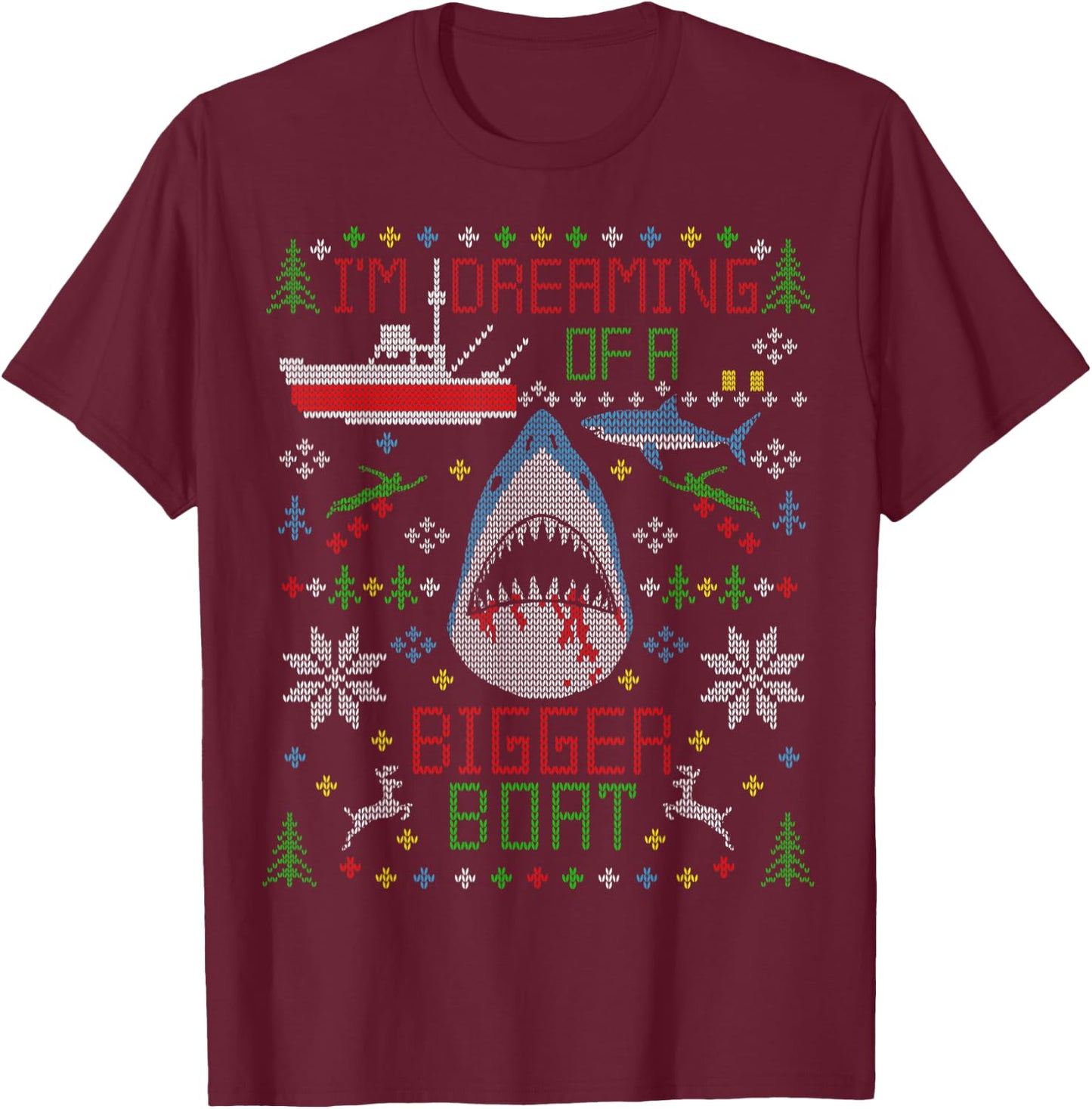 Great White Shark Fishing Ugly Christmas Sweater Party Shirt T-Shirt - T-Shirt | Maroon