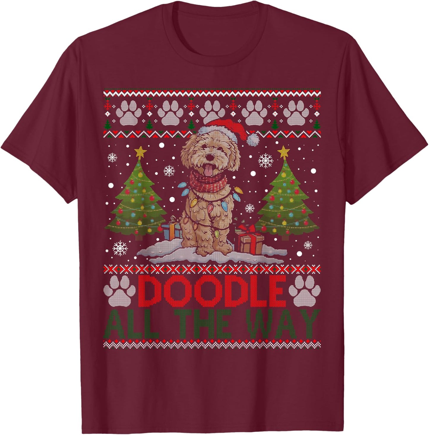 Doodle All The Way Labradoodle Santa Hat Christmas Ugly T-Shirt - T-Shirt | Maroon