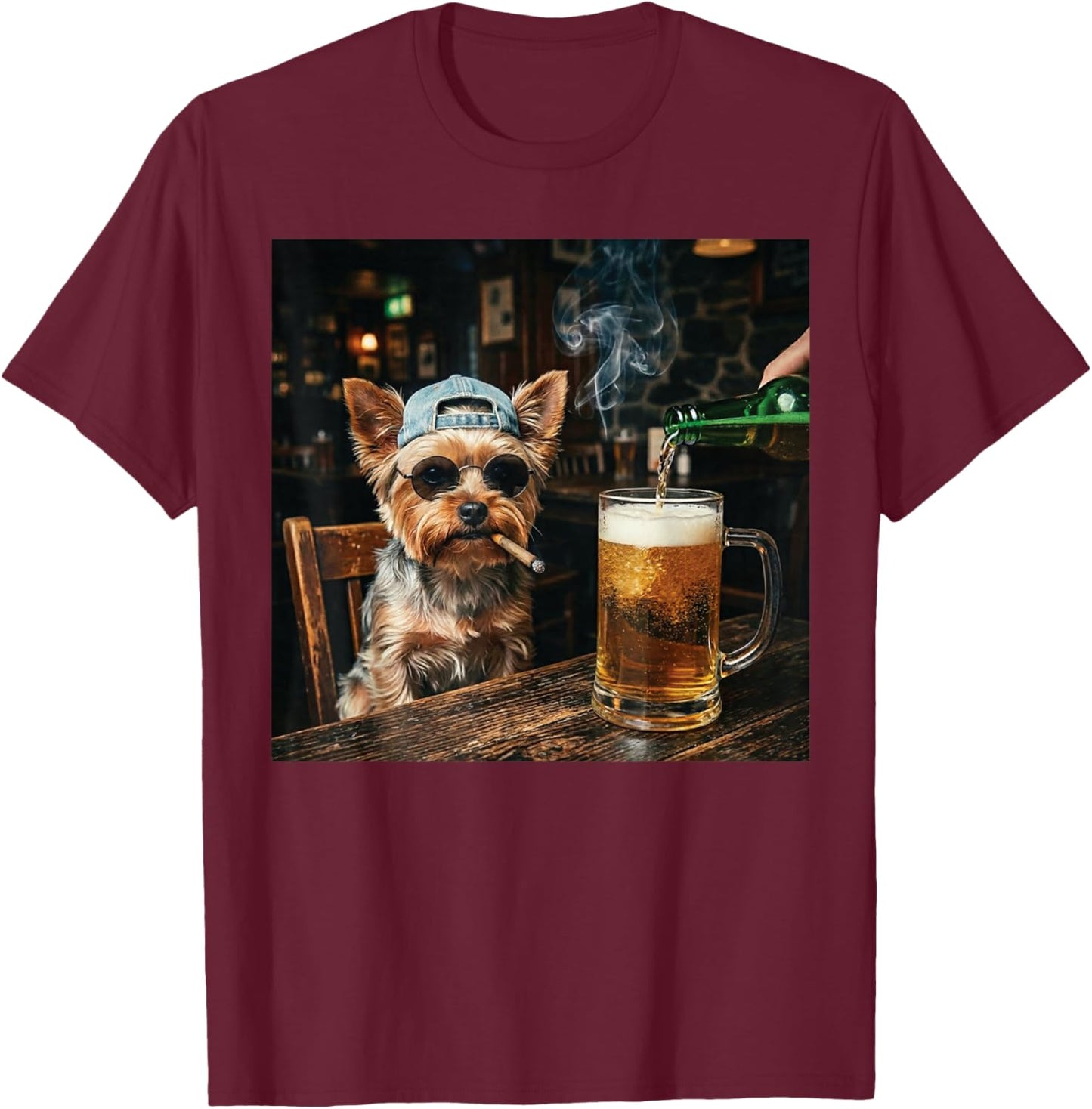 Yorkie Drinking Beer Funny Dog Meme T-Shirt - T-Shirt | Maroon