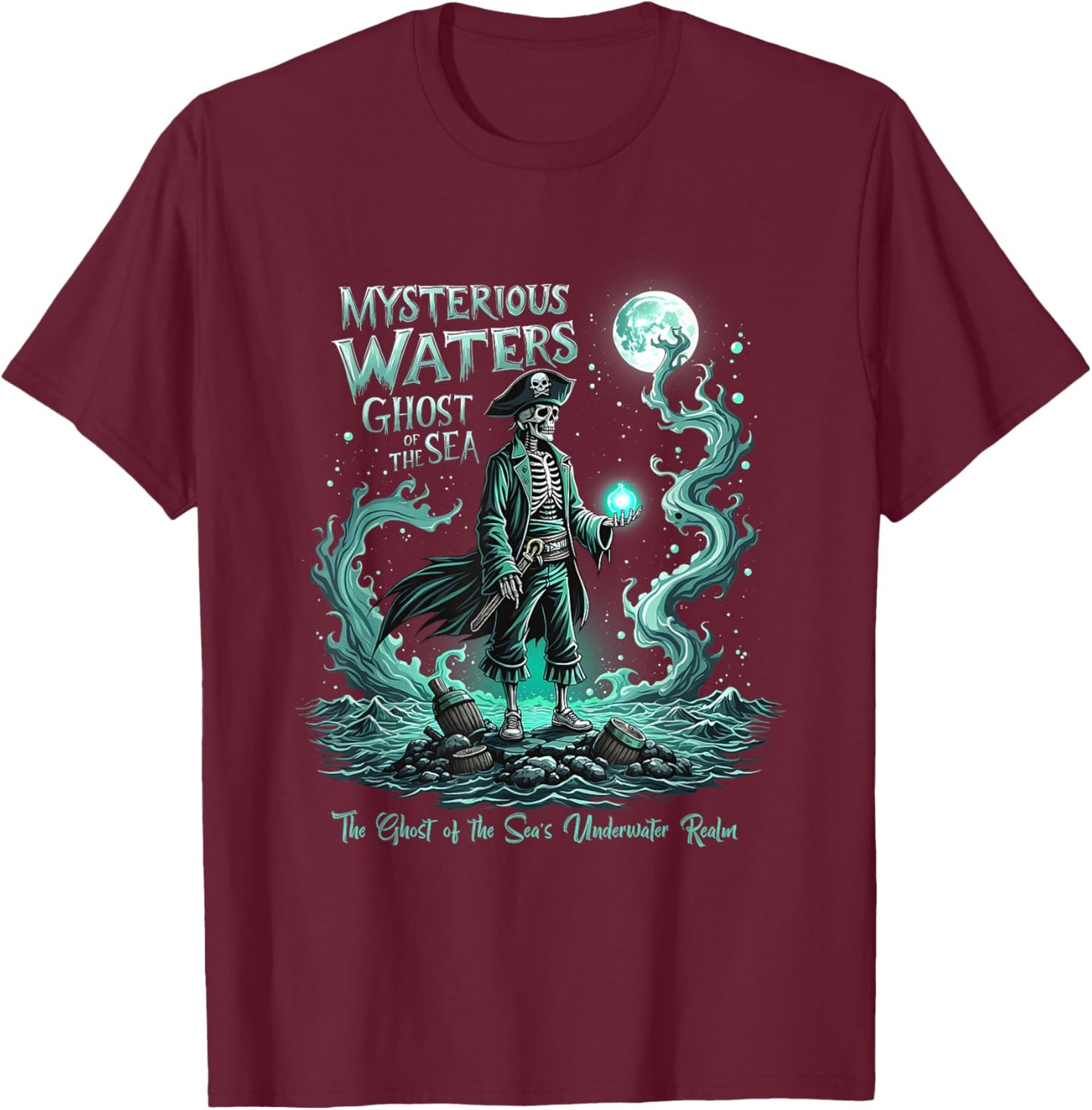 Mysterious Waters Ghost of the Sea Spooky Pirate Graphic T-Shirt - T-Shirt | Maroon