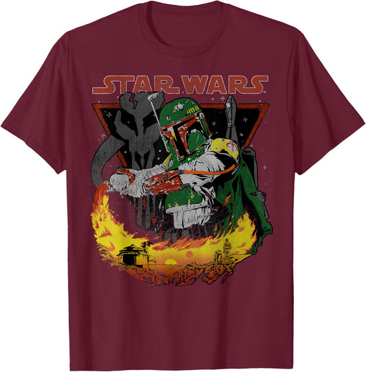 Star Wars Boba Fett Tatooine Flame Retro Poster T-Shirt - T-Shirt | Maroon