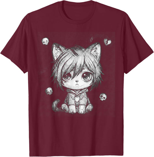 Sad Emo Cat in Aesthetic Grunge Sketch Art T-Shirt - T-Shirt | Maroon