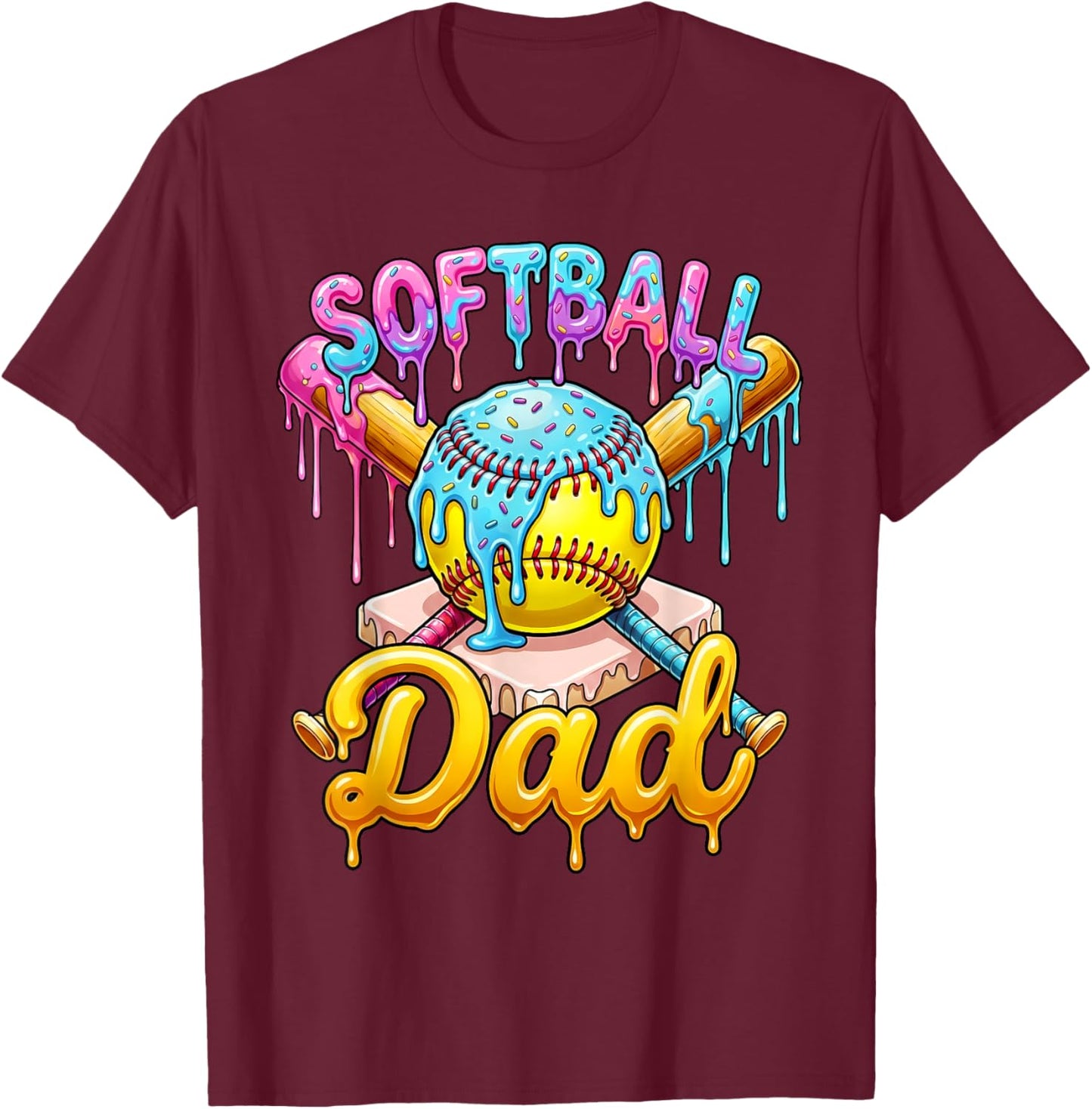 Softball Dad Ice Cream Drip Dripping TBall Fathers Day Men T-Shirt - T-Shirt | Maroon