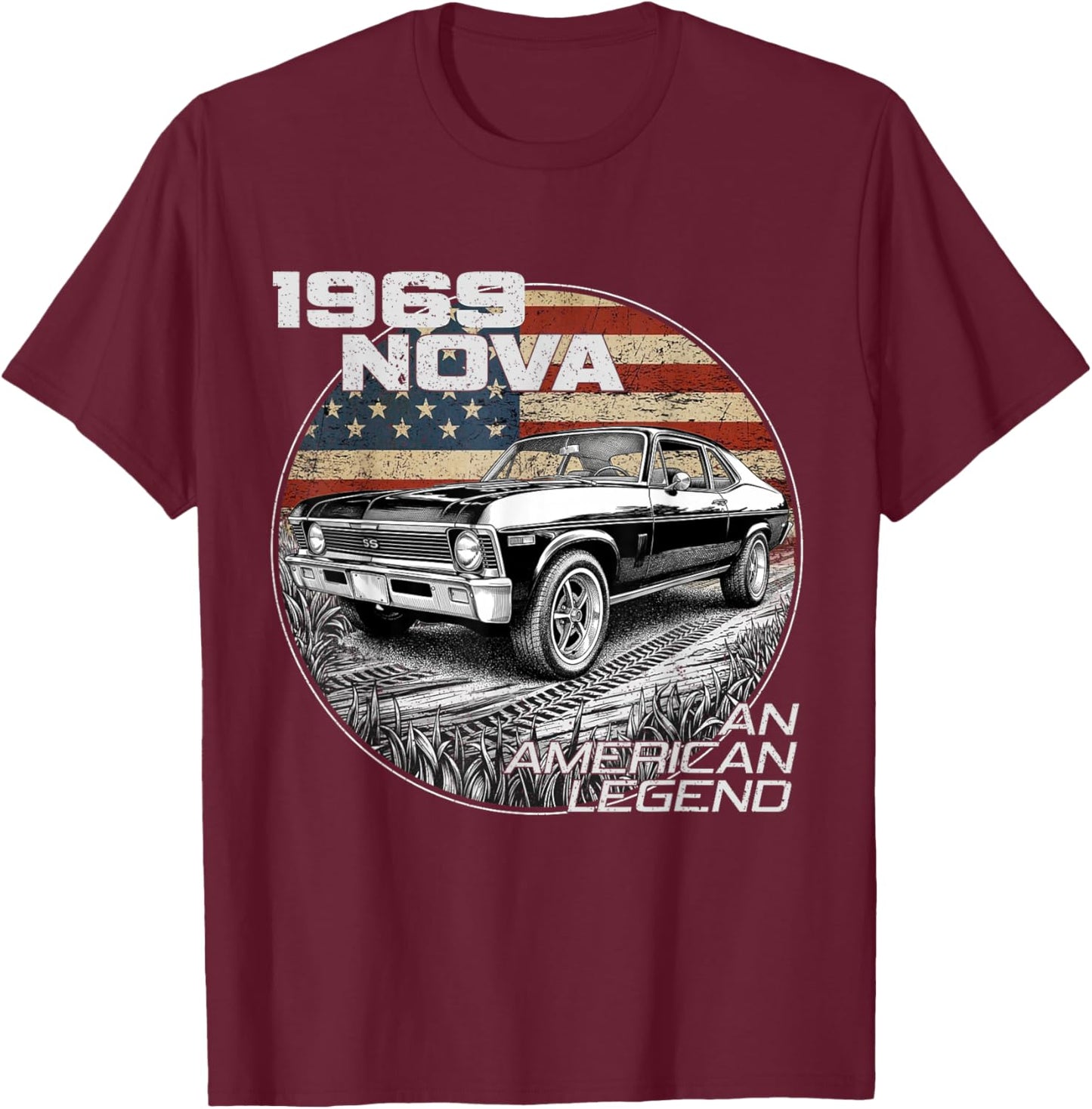 1969 69 Nova Silhouette Muscle Car American Flag T-Shirt - T-Shirt | Maroon
