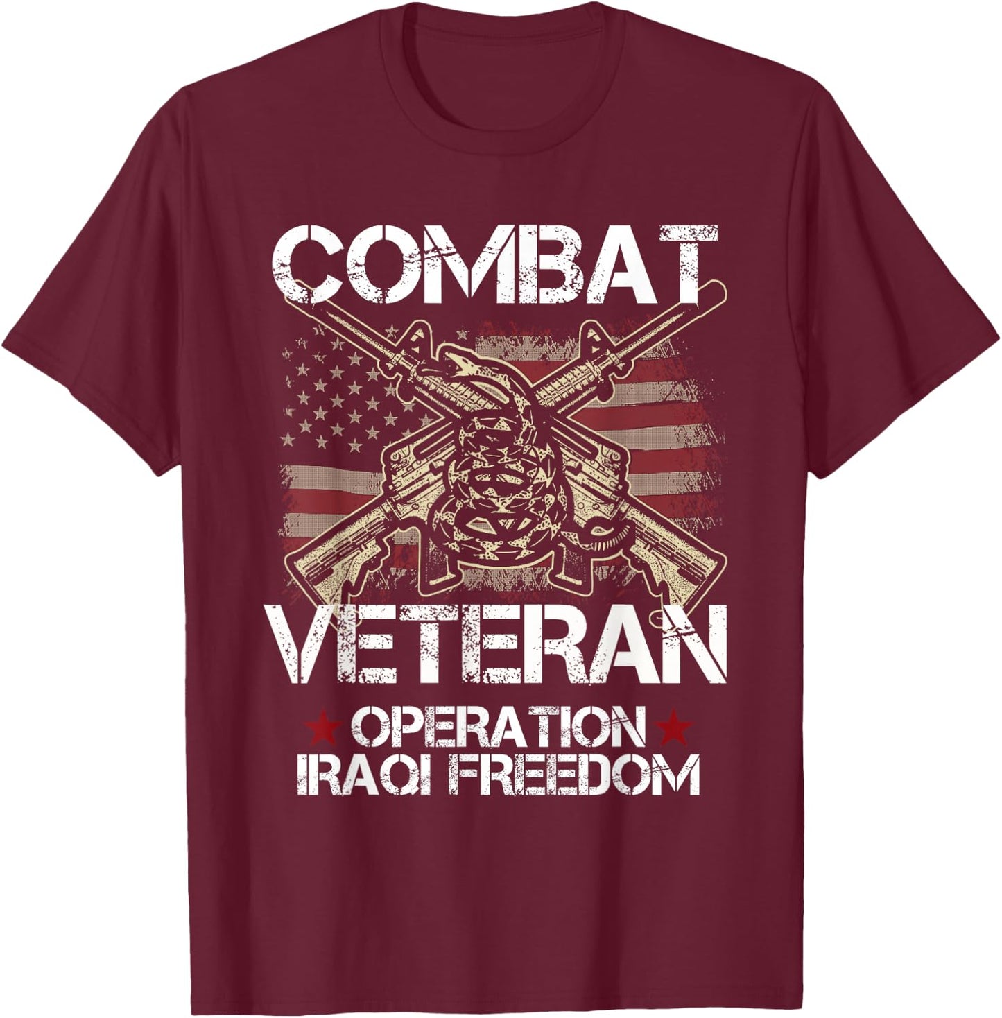 Combat Veteran Iraqi Freedom Military USA American Flag Gift T-Shirt - T-Shirt | Maroon