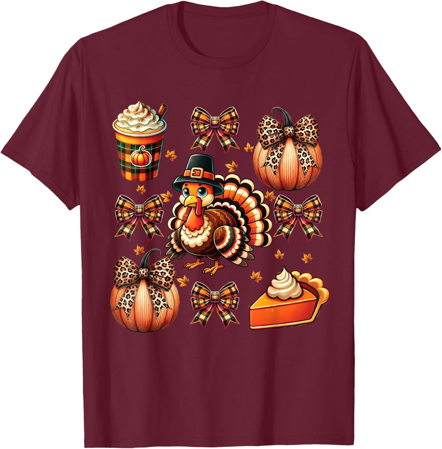 Turkey Drinking Coffee Bow Thanksgiving Turkey Day T-Shirt - T-Shirt | Maroon