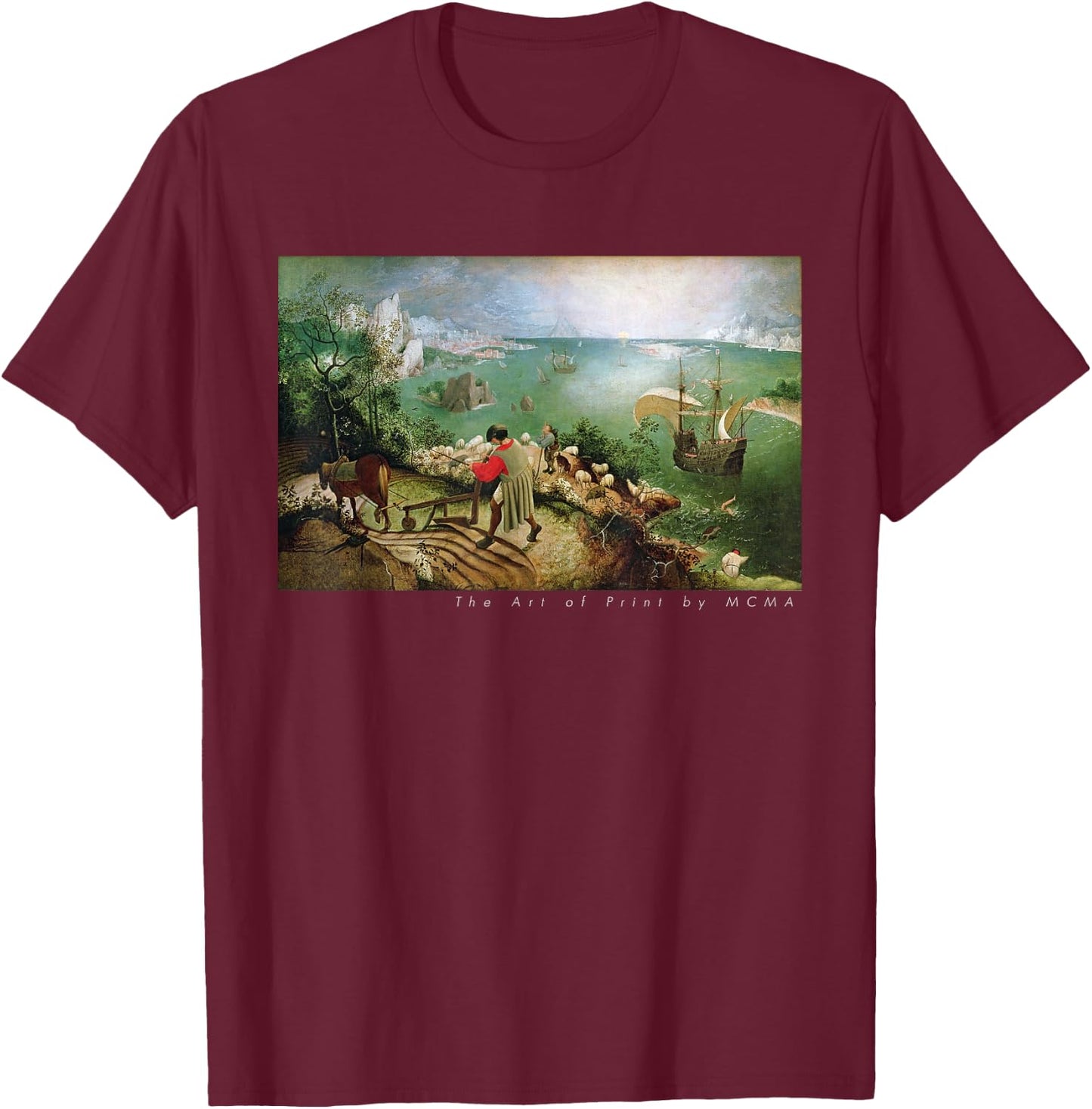 Landscape with the Fall of Icarus, Fine Art Print Graphic T-Shirt - T-Shirt | Maroon