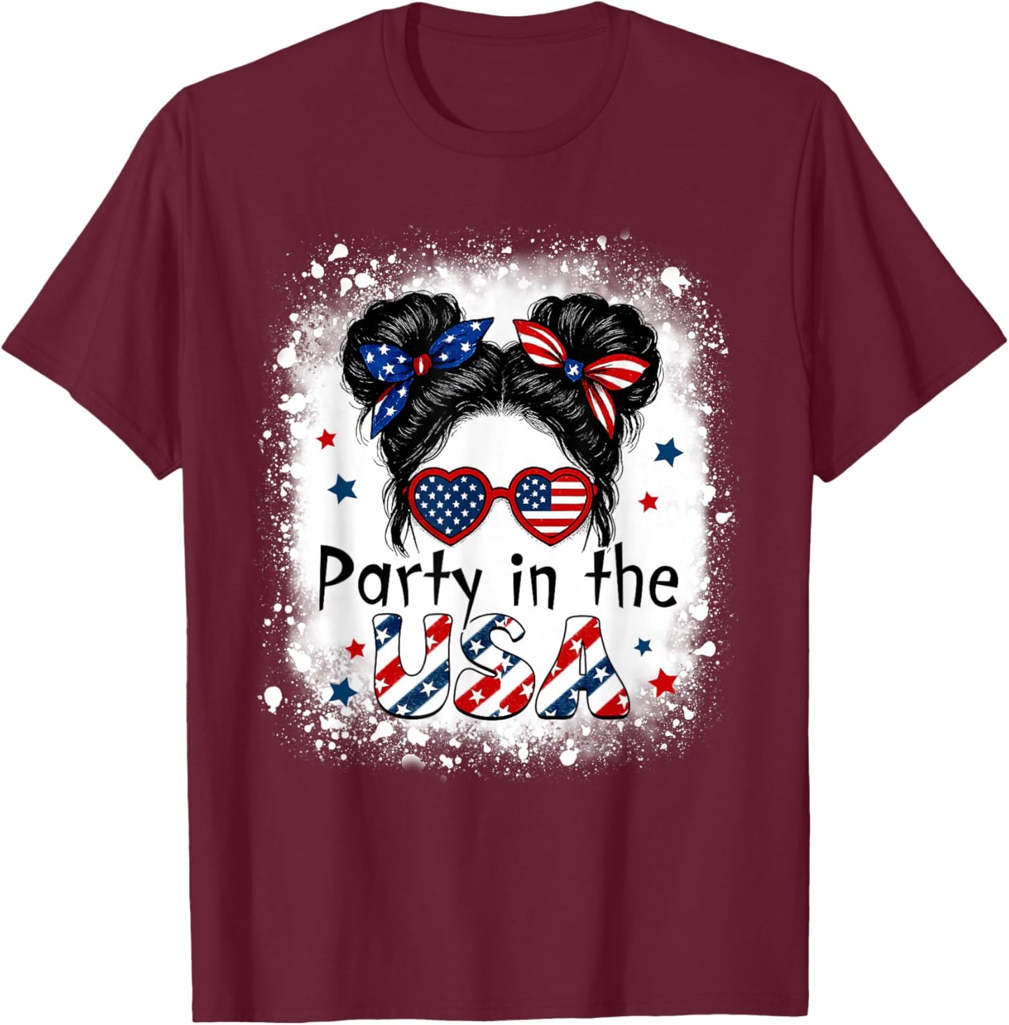 Party In USA Girls 4th of July Shirt Daughter Messy Bun USA T-Shirt - T-Shirt | Maroon