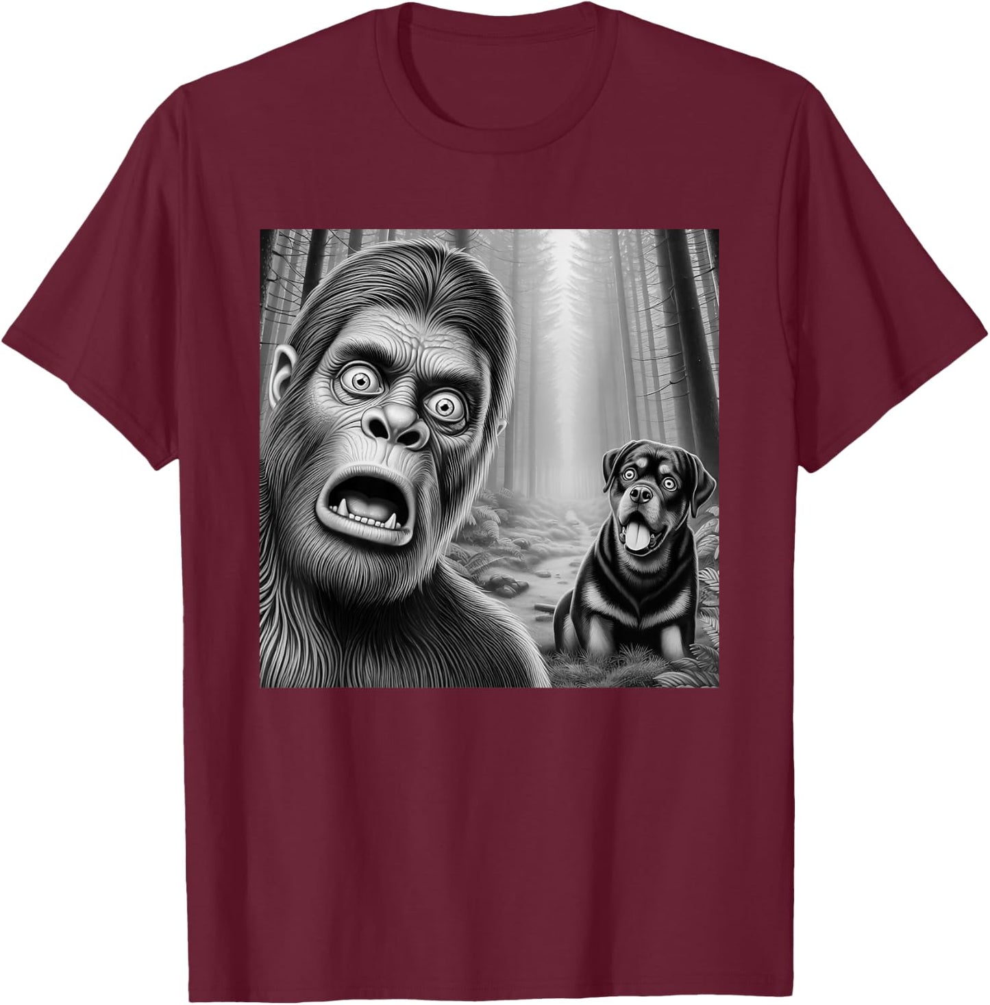 Surprised Bigfoot selfie with rottweiler sasquatch funny T-Shirt - T-Shirt | Maroon