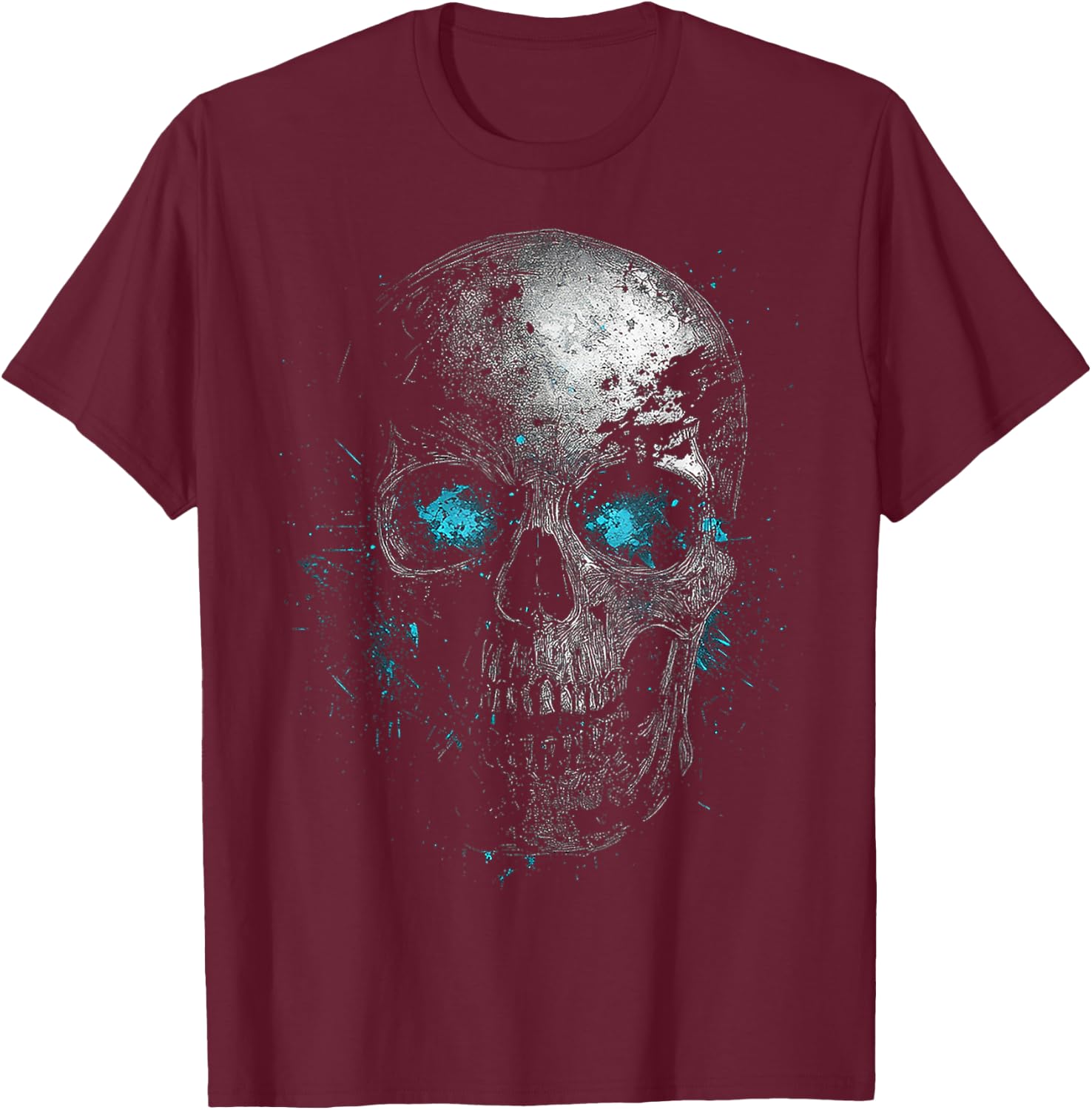 Skull Blue Eyes Graphic Artwork Skull T-Shirt - T-Shirt | Maroon