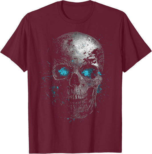Skull Blue Eyes Graphic Artwork Skull T-Shirt - T-Shirt | Maroon