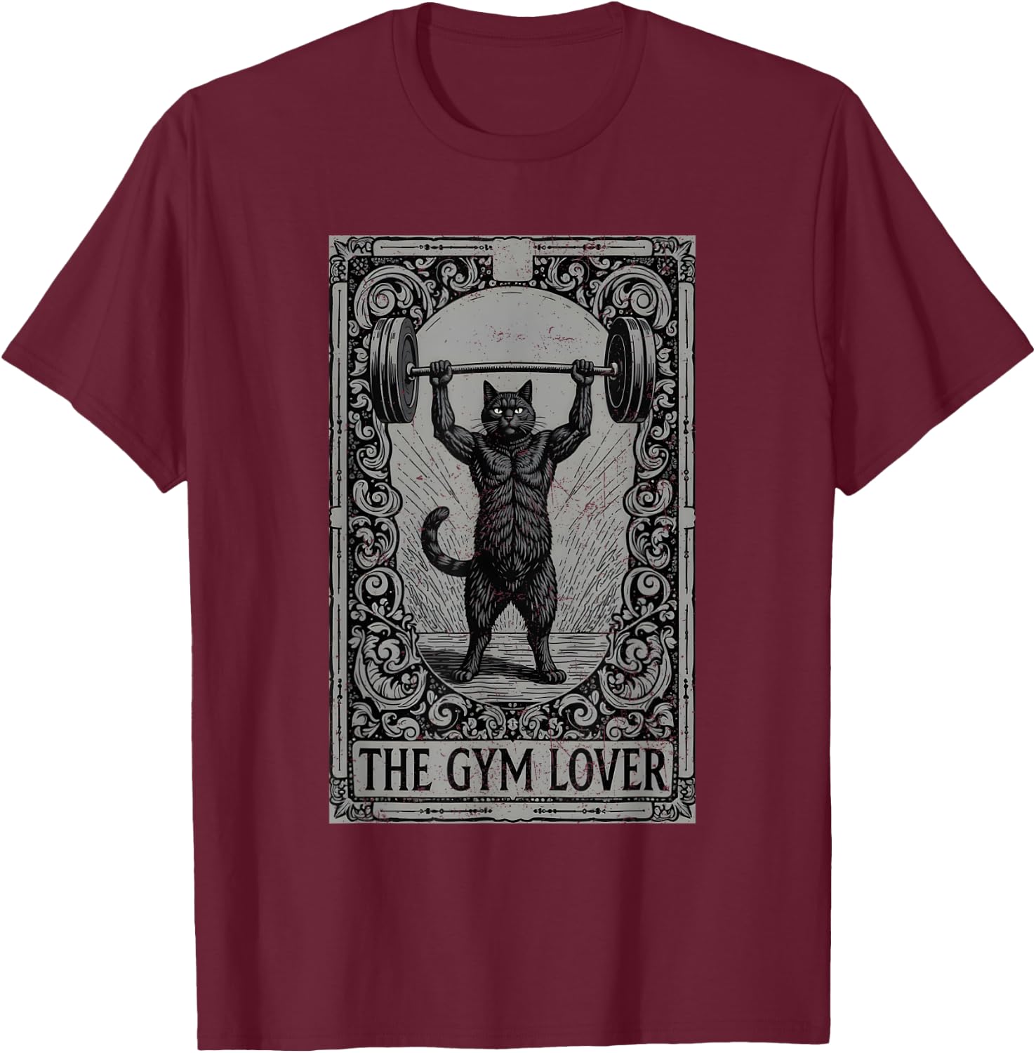 The Gym Lover Tarot Card Cat Lifting Weight Grunge Men Women T-Shirt - T-Shirt | Maroon