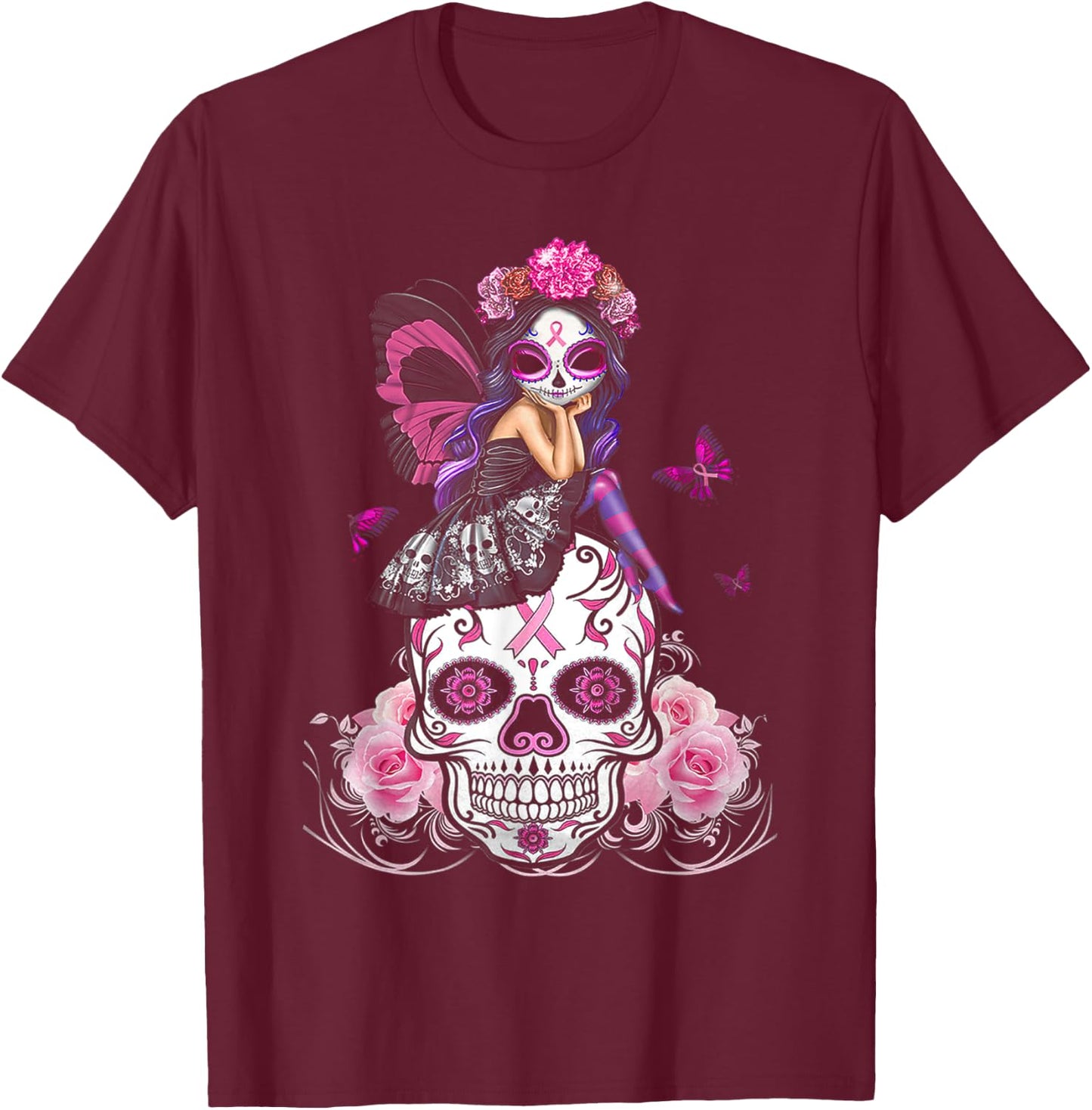 Fairy Sugar Skull Breast Cancer Butterfly Pink Ribbon Woman T-Shirt - T-Shirt | Maroon