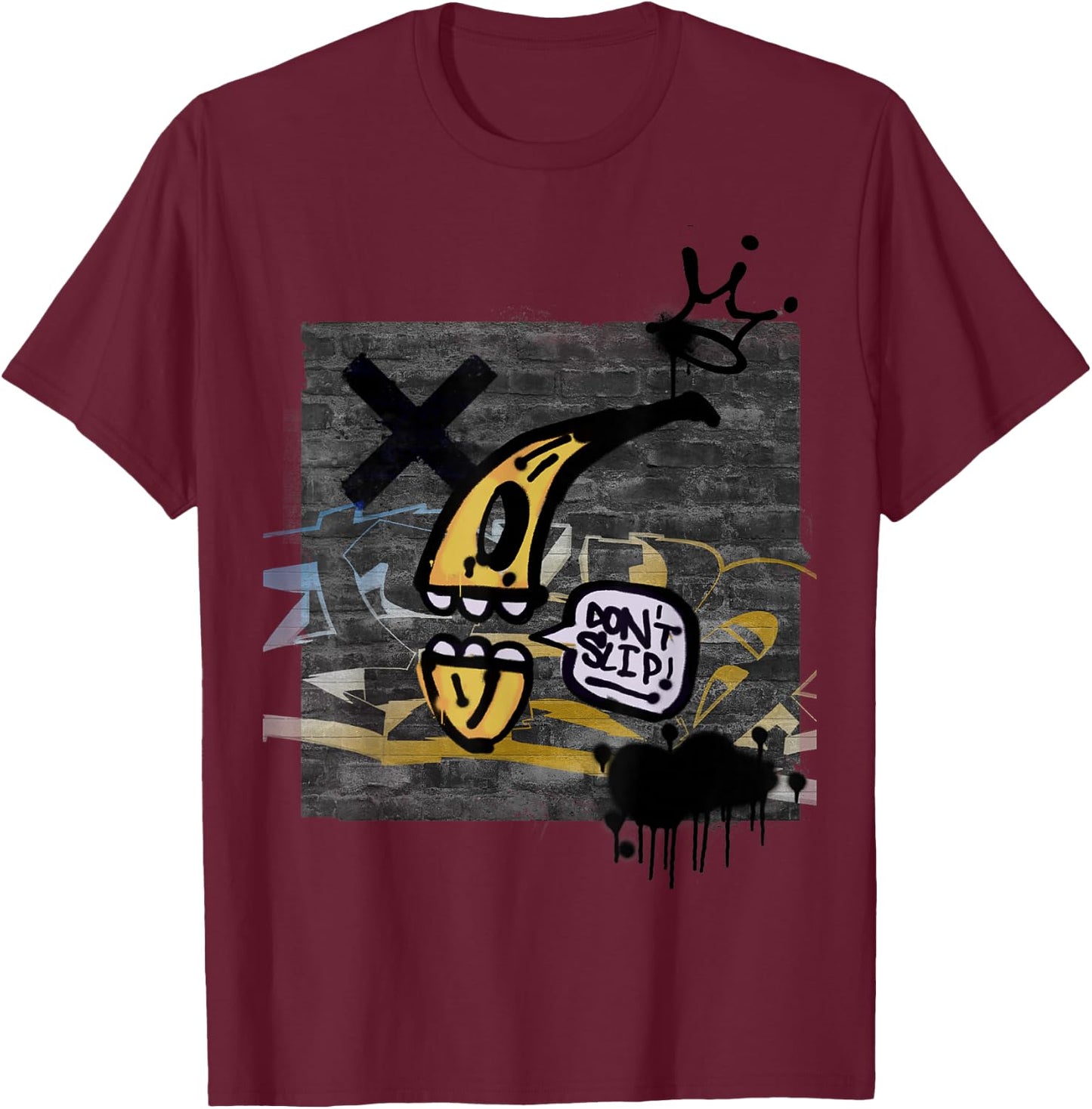 Graffiti on Wall Do Not Slip Talking Banana Graphic T-Shirt - T-Shirt | Maroon