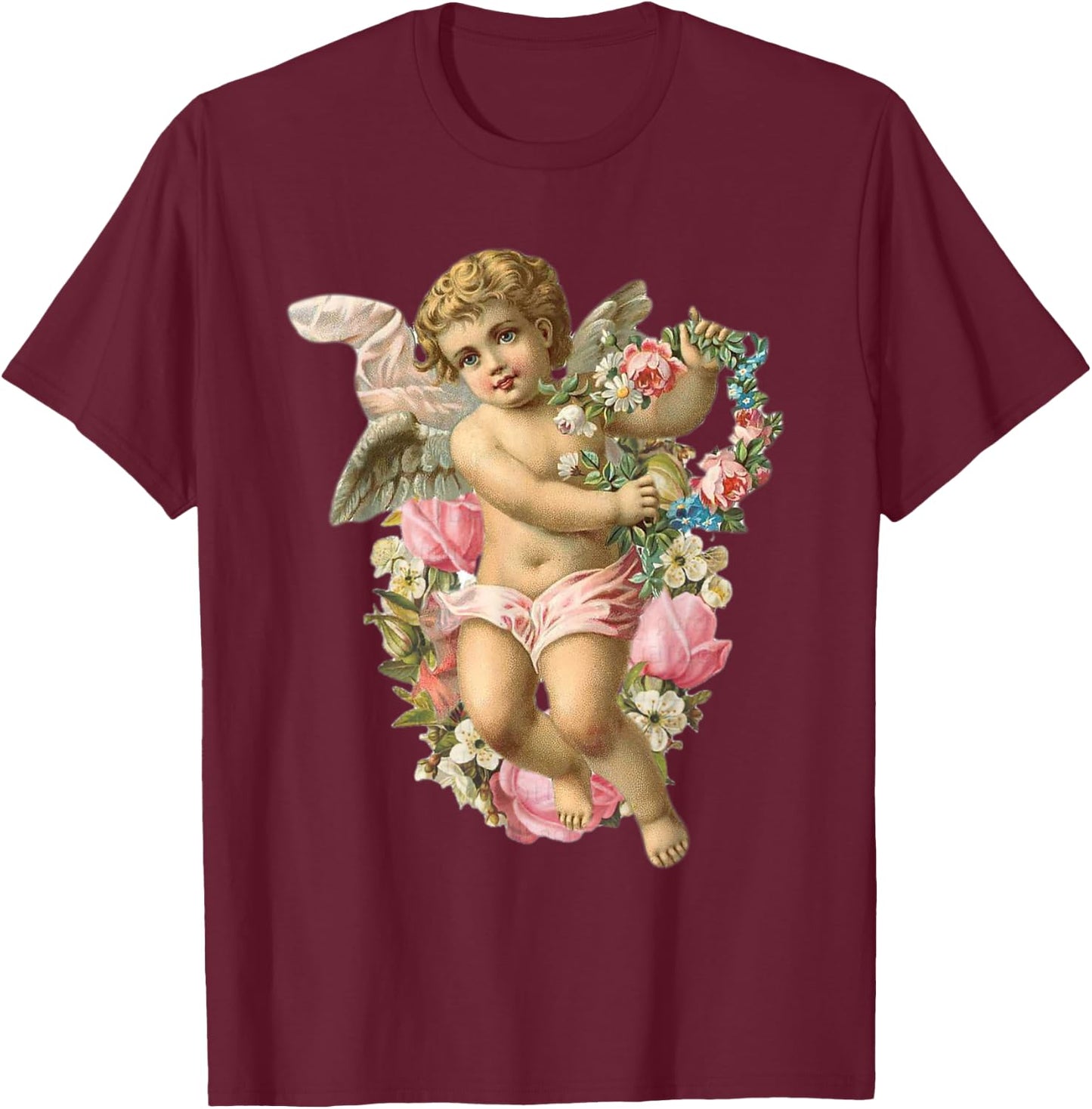 Angelic Vintage Cherub with Daisies & Pink roses T-Shirt - T-Shirt | Maroon