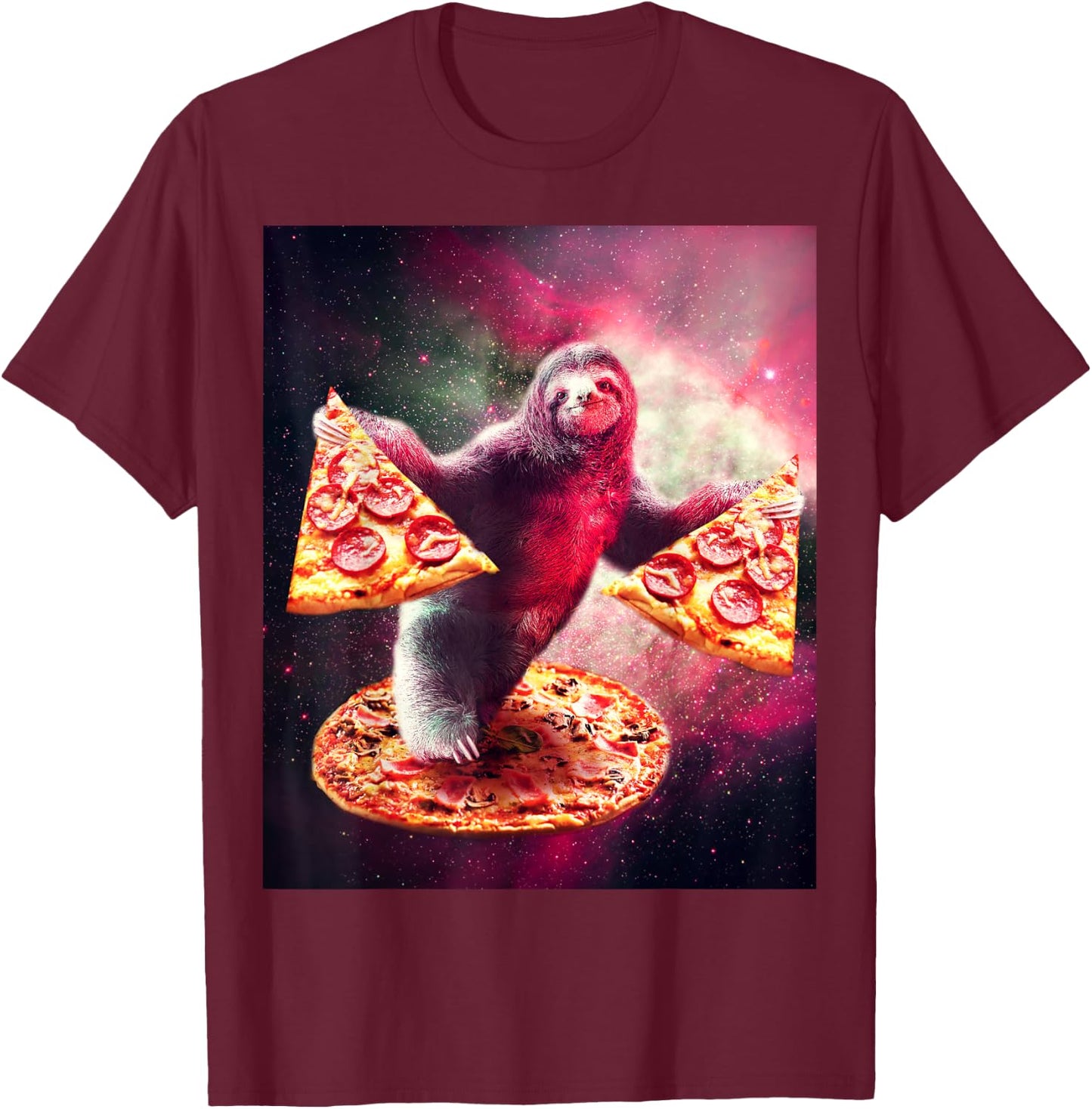 Funny Space Sloth With Pizza T-Shirt - T-Shirt | Maroon