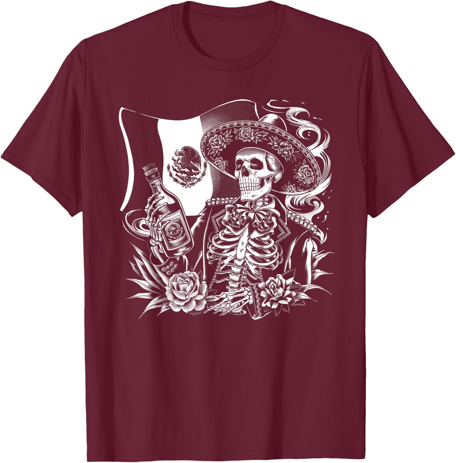 Mexico Vintage Skeleton Tequila Dia De Los Muertos Mexican T-Shirt - T-Shirt | Maroon