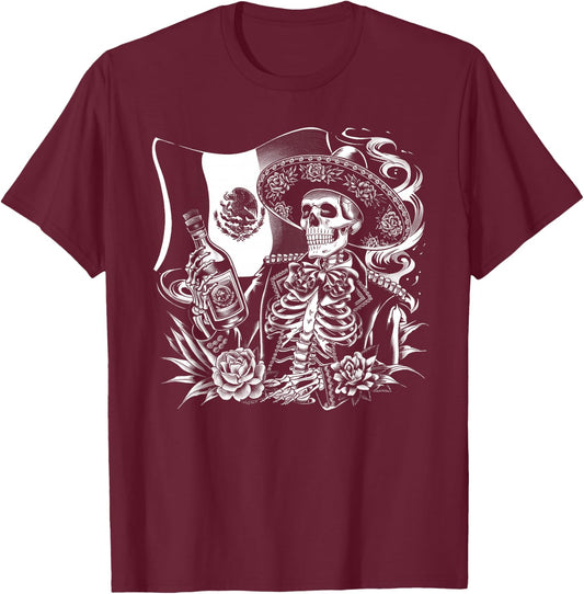 Mexico Vintage Skeleton Tequila Dia De Los Muertos Mexican T-Shirt - T-Shirt | Maroon