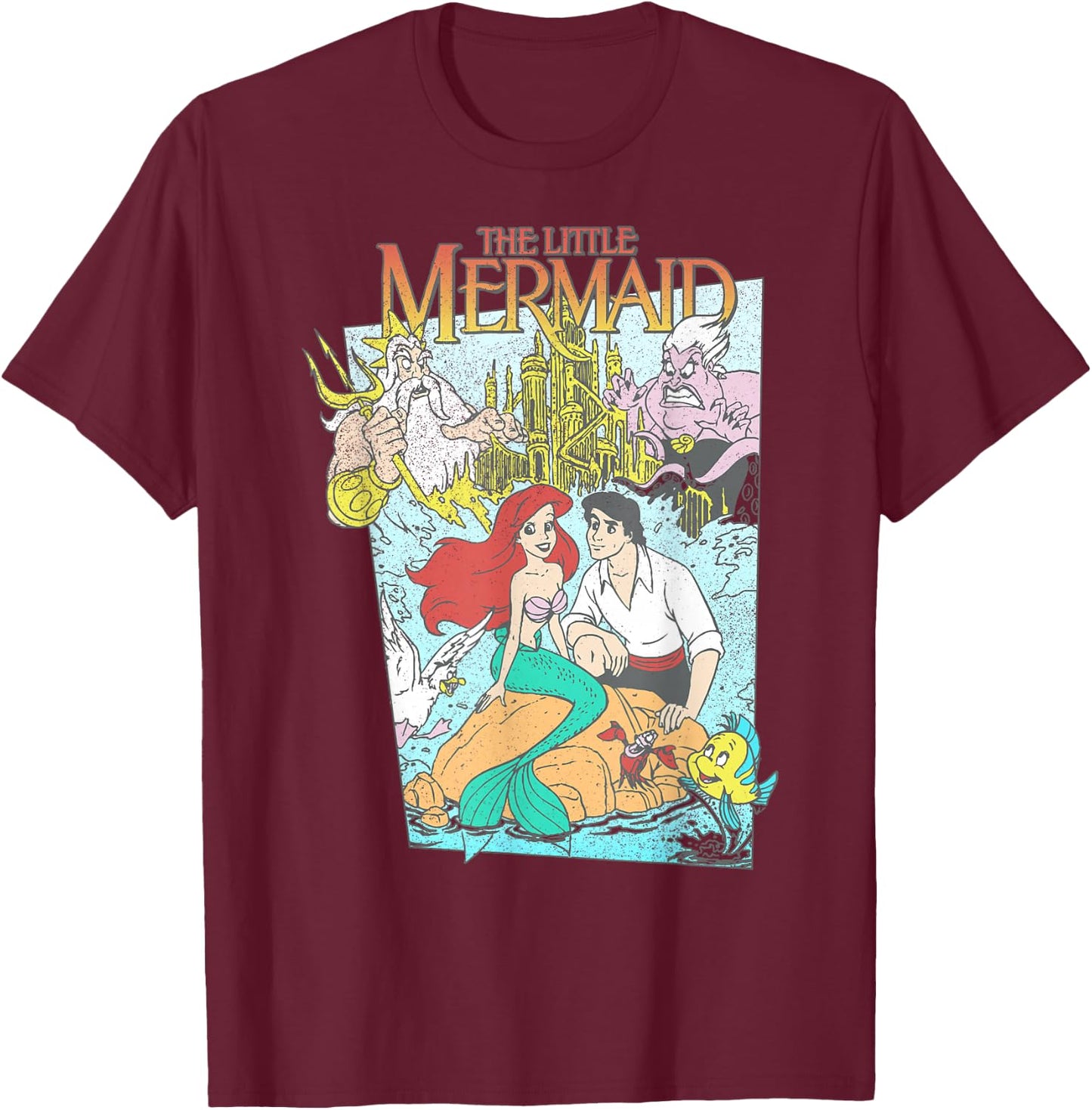 Disney The Little Mermaid Vintage Retro Movie Cover Graphic T-Shirt - T-Shirt | Maroon