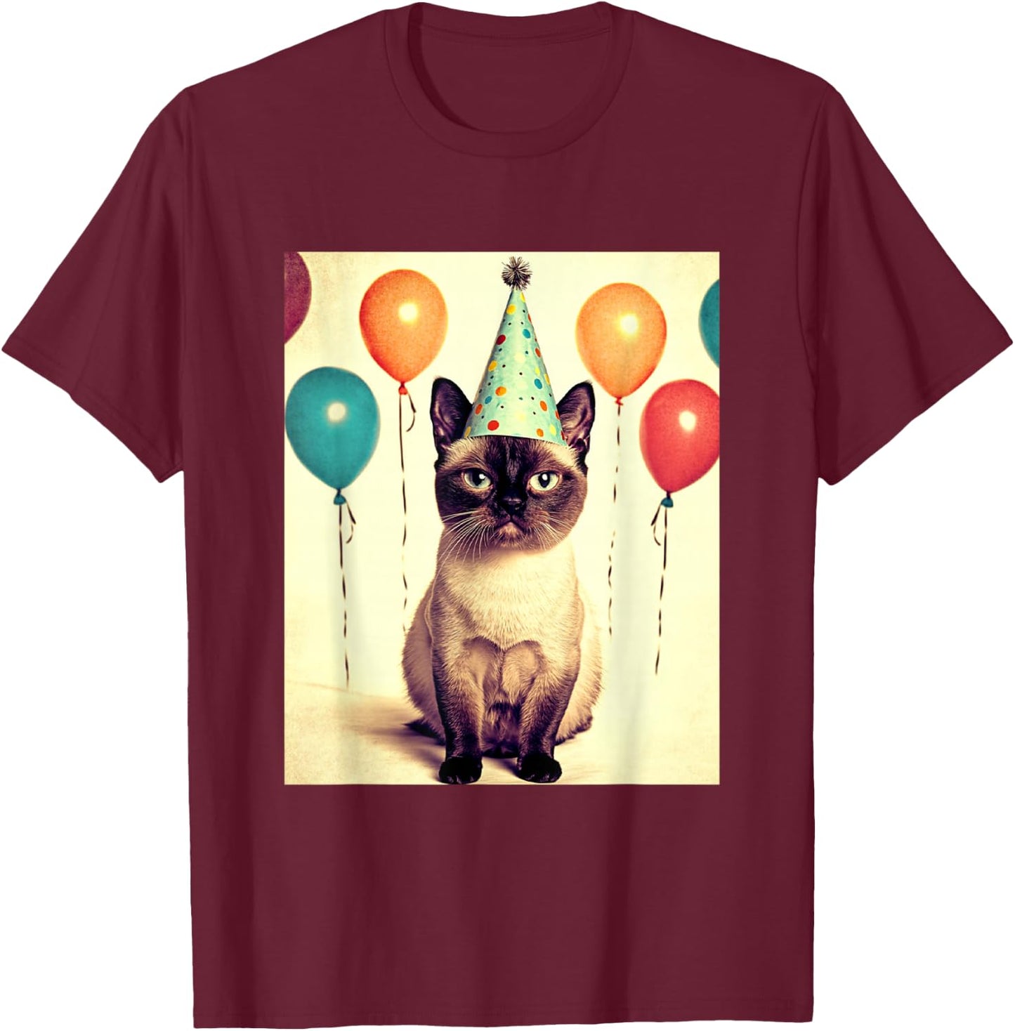 Siamese Cat Retro Art Print Birthday Party Balloons & Hat T-Shirt - T-Shirt | Maroon