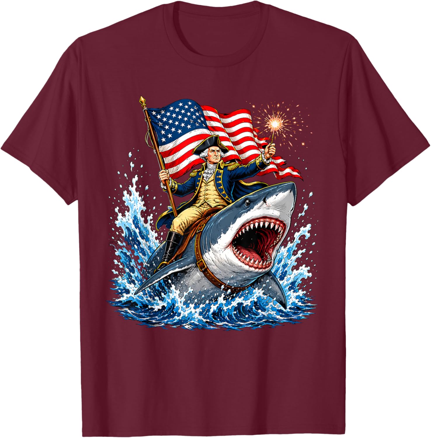 Funny George Washington Shark 4th July USA Men Women Kids T-Shirt - T-Shirt | Maroon