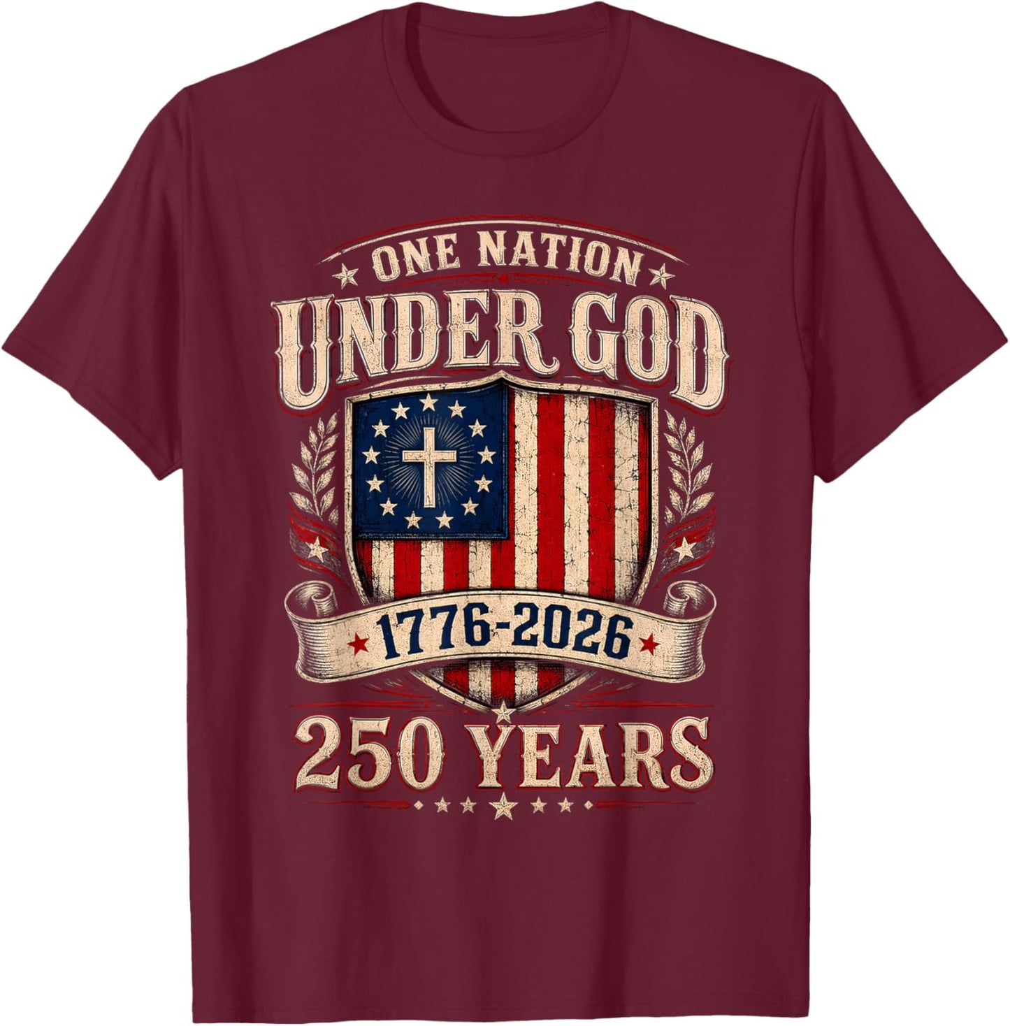 One Nation Under God 1776 2026 Patriotic USA Flag T-Shirt - T-Shirt | Maroon