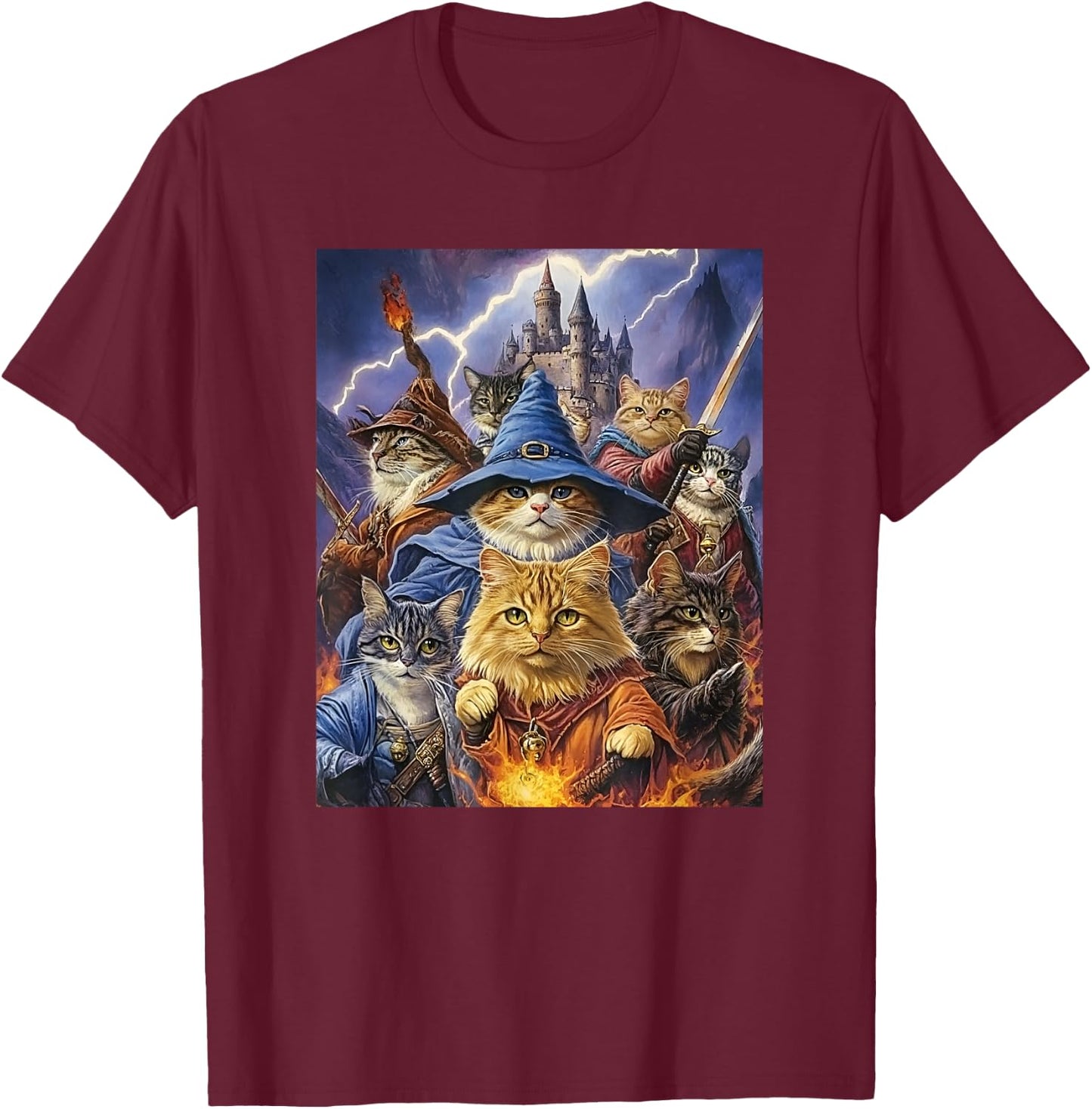 Fantasy Feline Wizard Cats T-Shirt - T-Shirt | Maroon