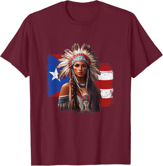 Taino Woman Puerto Rican Flag Indigenous Caribbean Women T-Shirt - T-Shirt | Maroon