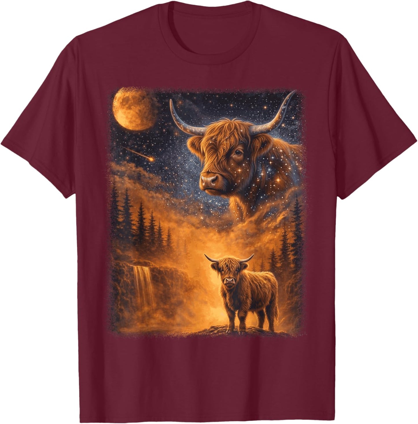Highland Cow Howling to The Moon Funny Meme 90s Animal Lover T-Shirt - T-Shirt | Maroon