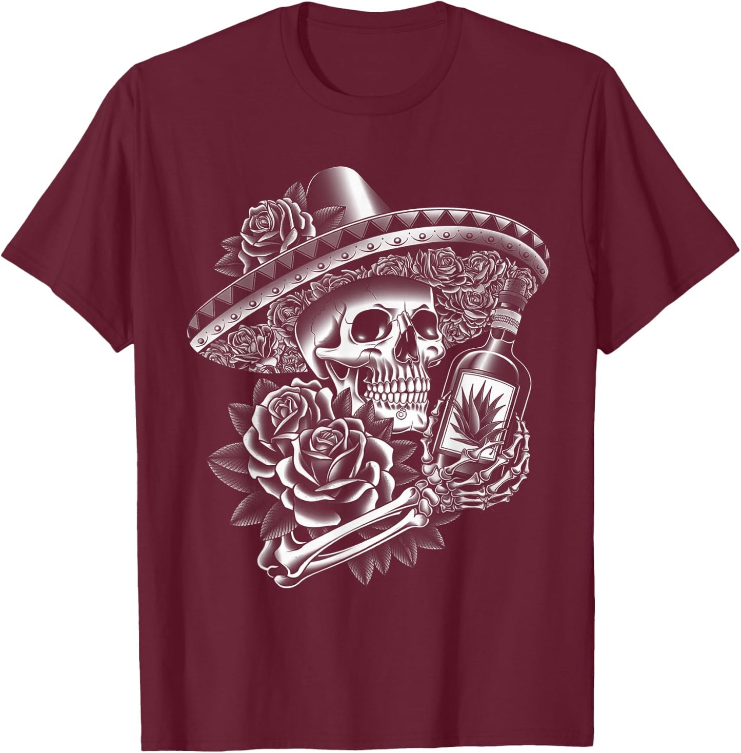 Mexico Vintage Skeleton Tequila Dia De Los Muertos Mexican T-Shirt - T-Shirt | Maroon