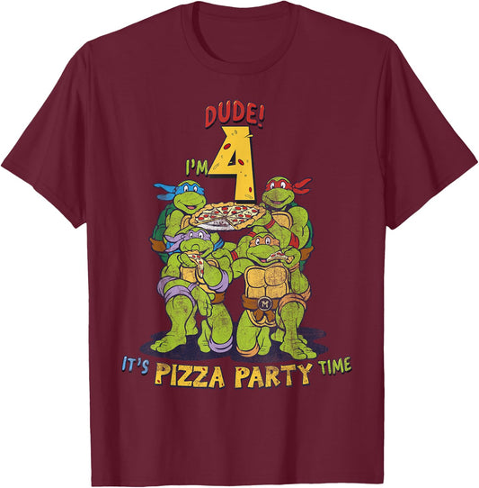 Teenage Mutant Ninja Turtles I'm 4 Dude Pizza Birthday Party T-Shirt - T-Shirt | Maroon