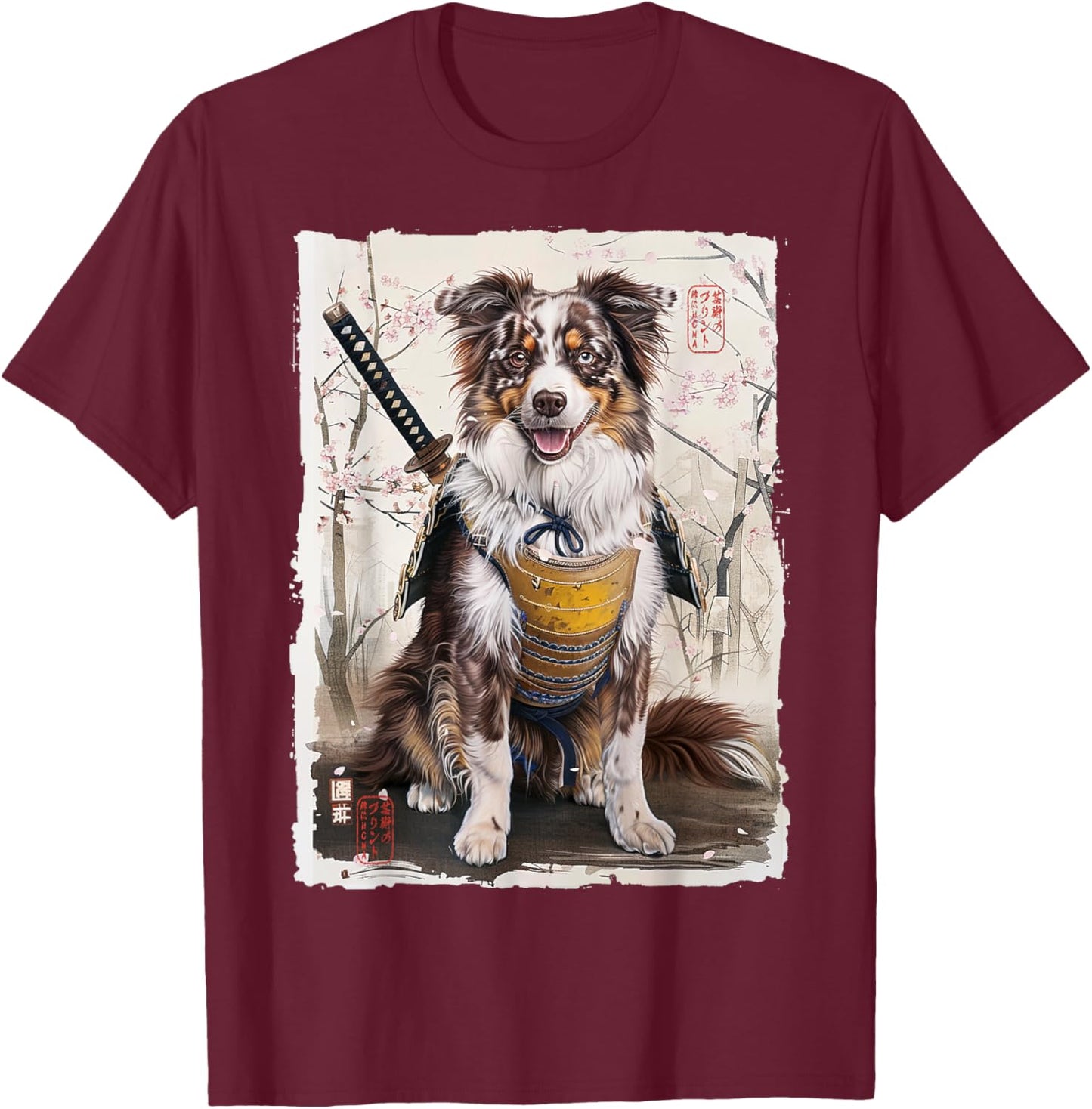 Samurai Australian Shepherd Dog Japanese Vintage Art Gift T-Shirt - T-Shirt | Maroon