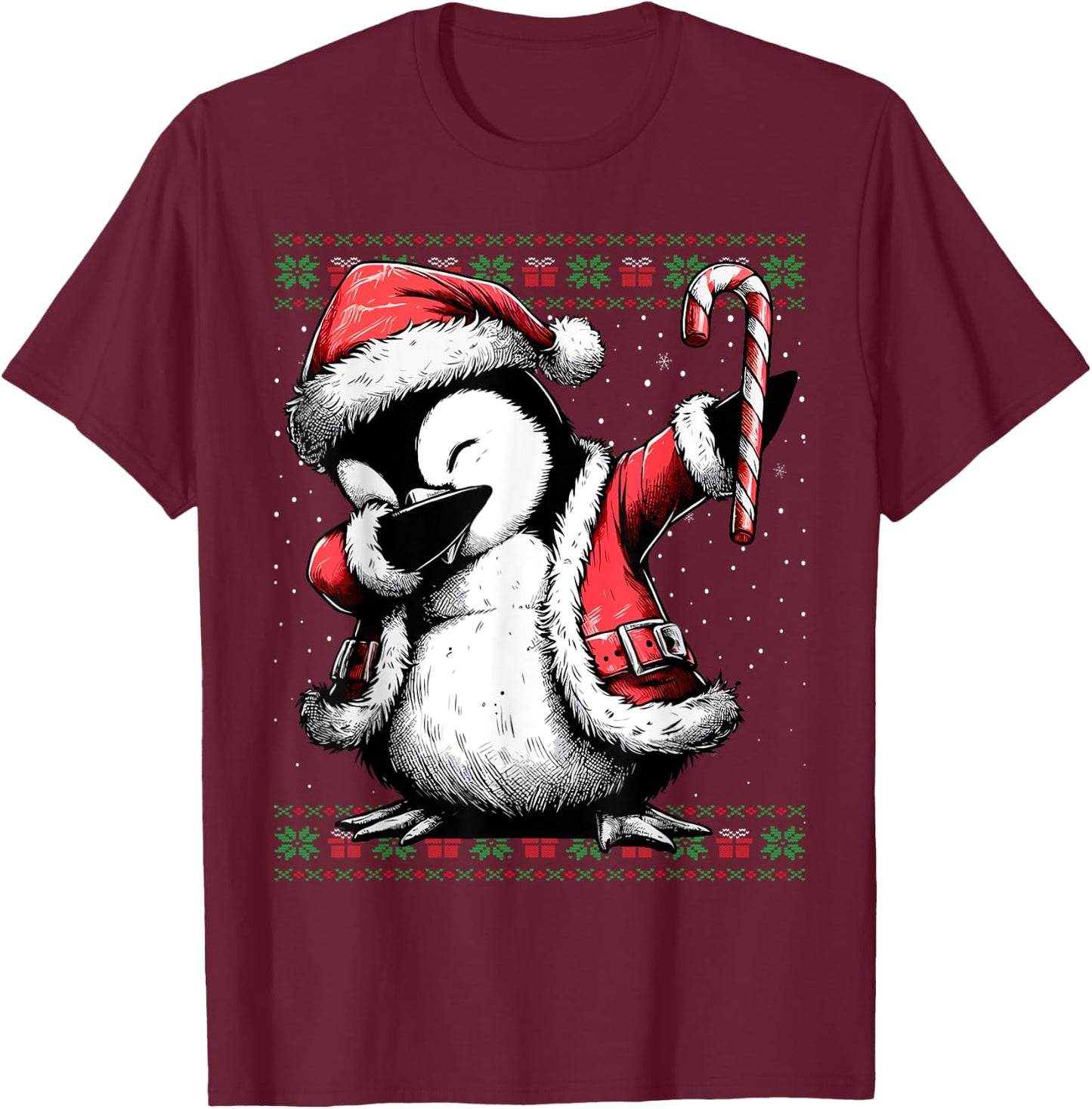 Santa Penguin Dabbing Ugly Christmas Sweater T-Shirt - T-Shirt | Maroon