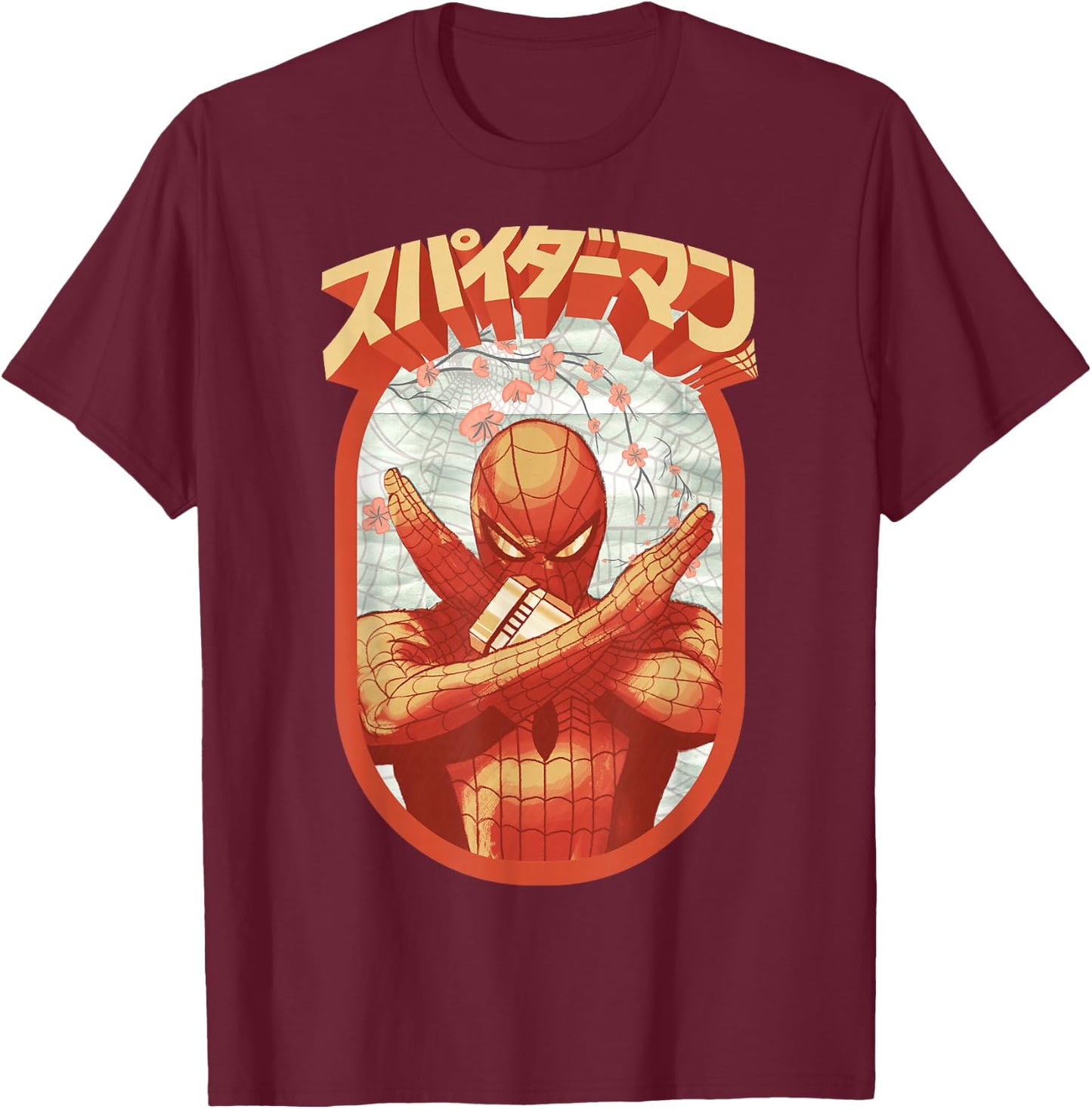 Marvel Spider-Man Retro Floral Kanji Poster Small T-Shirt - T-Shirt | Maroon