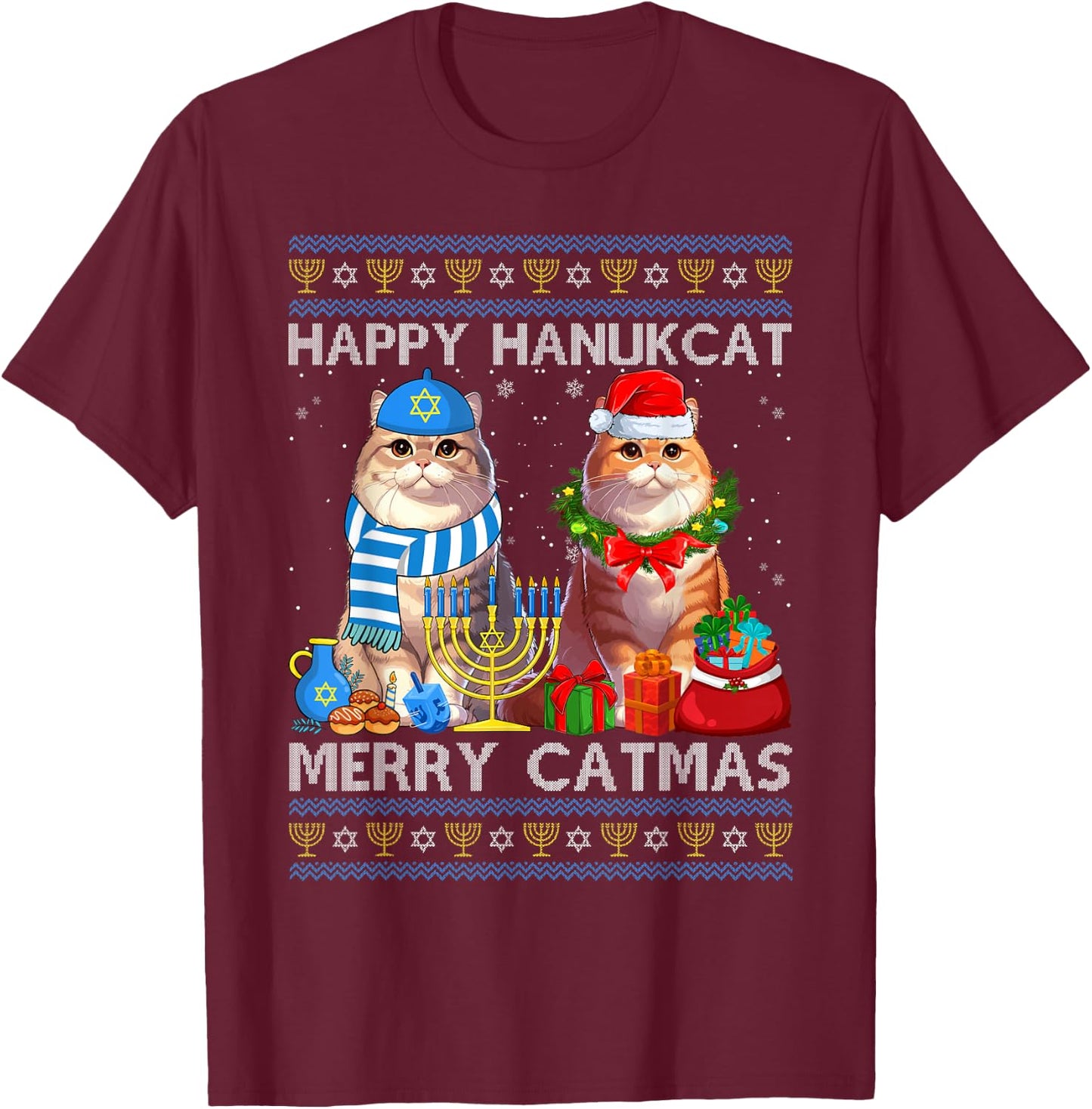 Happy Hanukcat Merry Catmas Ugly Christmas Chanukah Sweater Women Kids T-Shirt - T-Shirt | Maroon