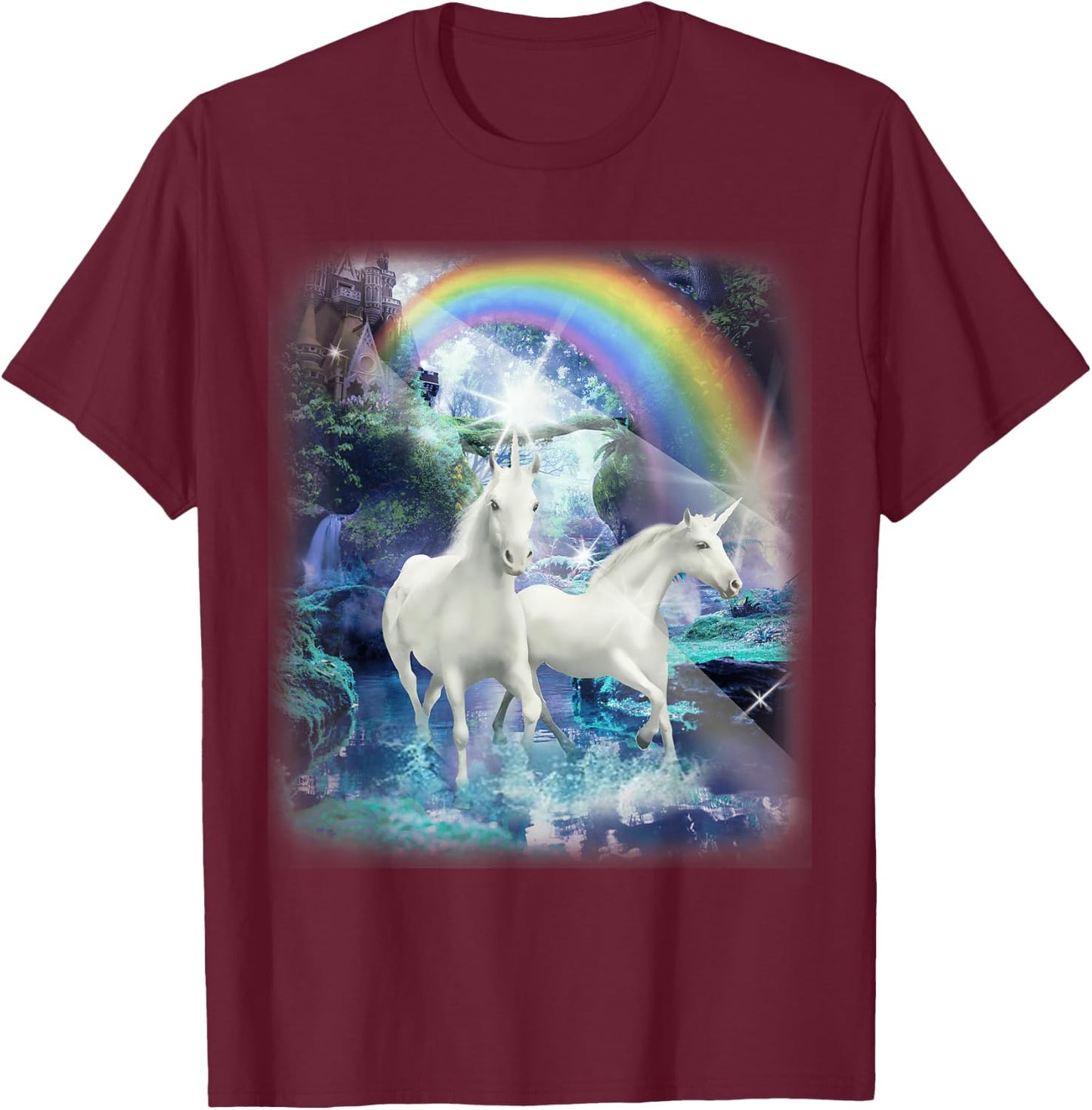 Adult Mesmerizing Unicorn Castle Forest T-Shirt - T-Shirt | Maroon