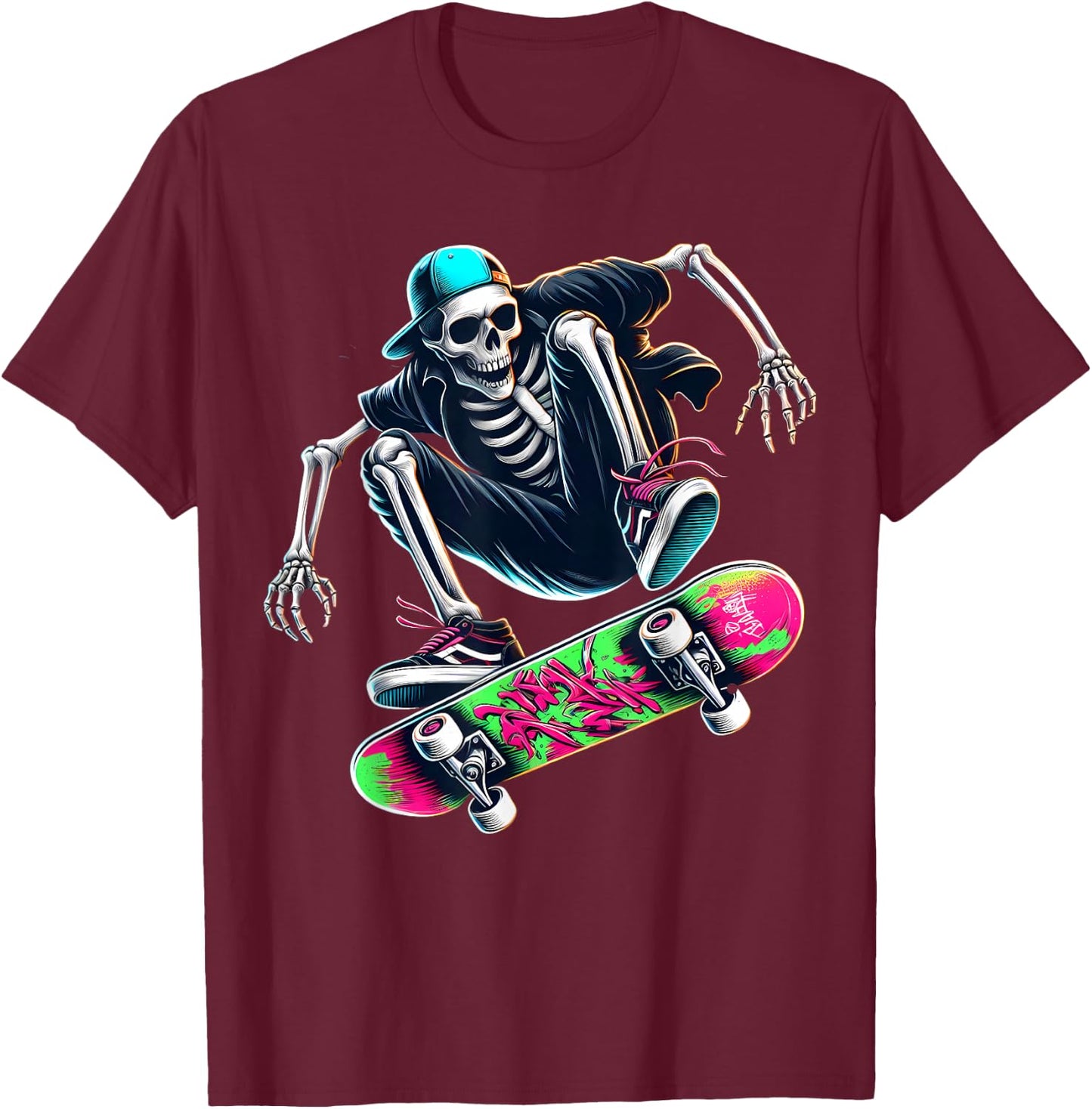 Skater Skeleton Modern Trick Skating Skateboard Street Style T-Shirt - T-Shirt | Maroon