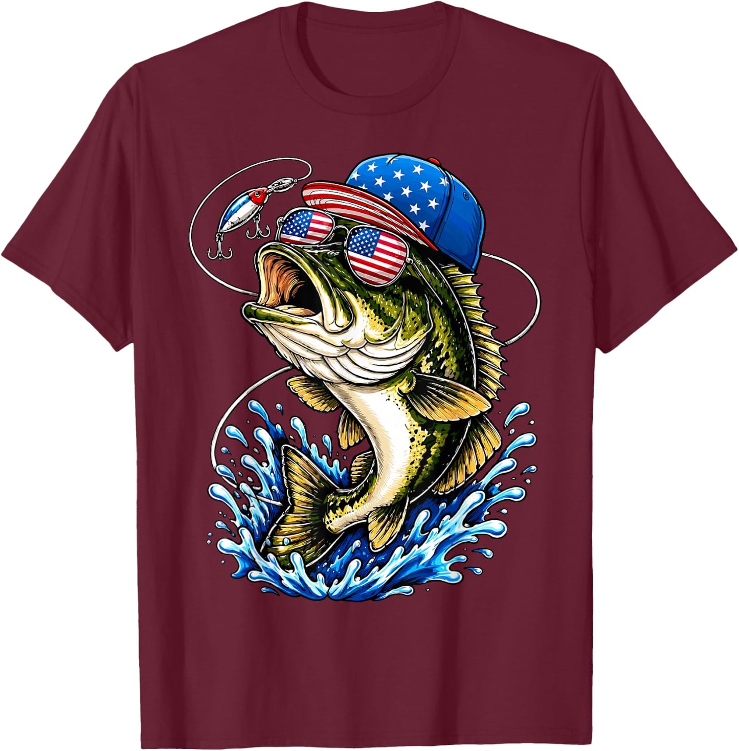 Fishing USA American Flag 4th of July Fisherman T-Shirt - T-Shirt | Maroon