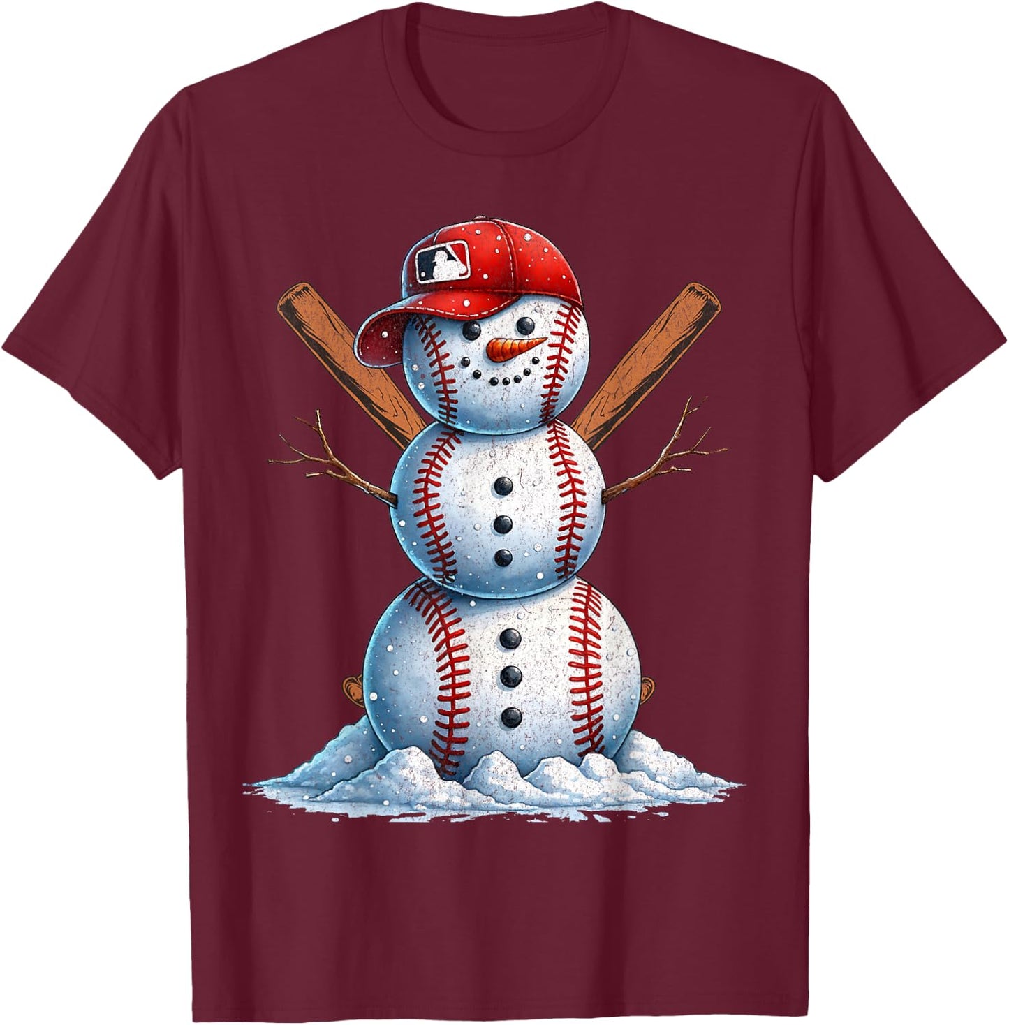 Baseball Snowman Balls Snow Christmas Xmas Men Women Player T-Shirt - T-Shirt | Maroon
