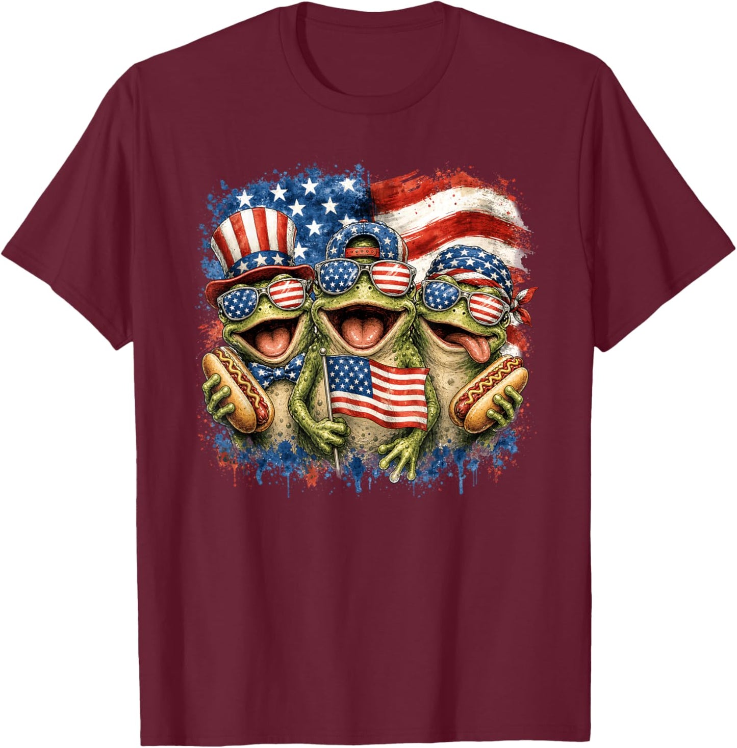 Patriotic Frog American Flag 4th of July T-Shirt - T-Shirt | Maroon