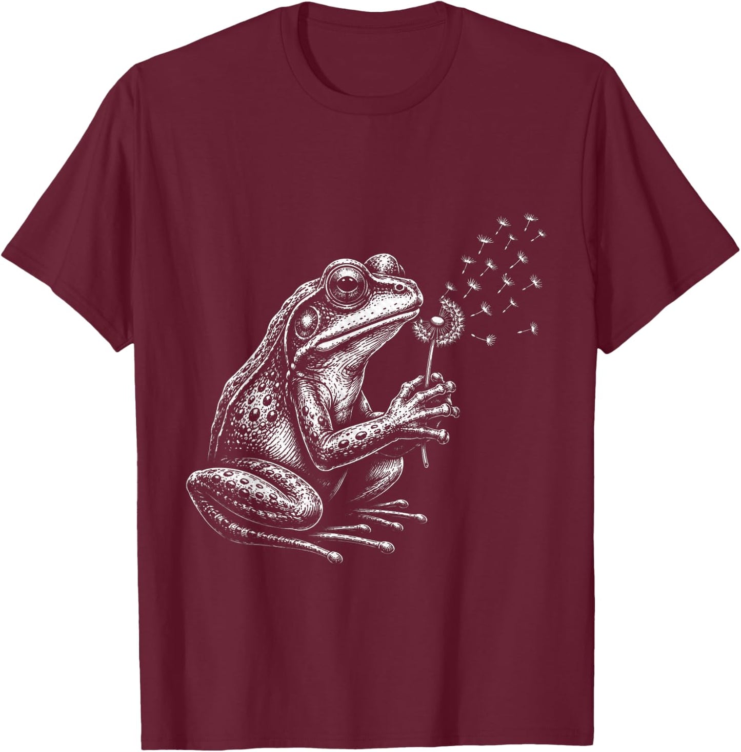 Blowing Wishes Frog Blowing Dandelion Vintage Art T-Shirt - T-Shirt | Maroon