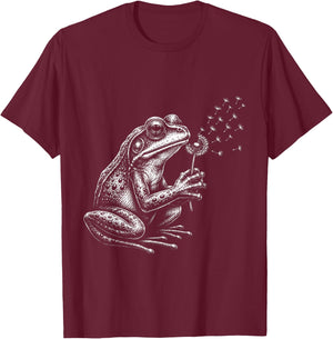 Blowing Wishes Frog Blowing Dandelion Vintage Art T-Shirt - T-Shirt | Maroon